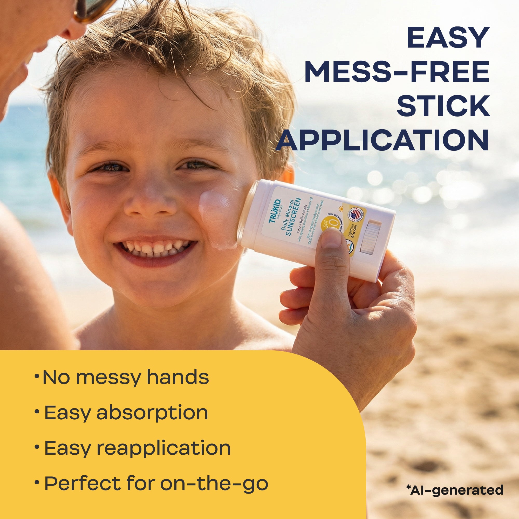 Child applying sunscreen stick with beach background and product details.