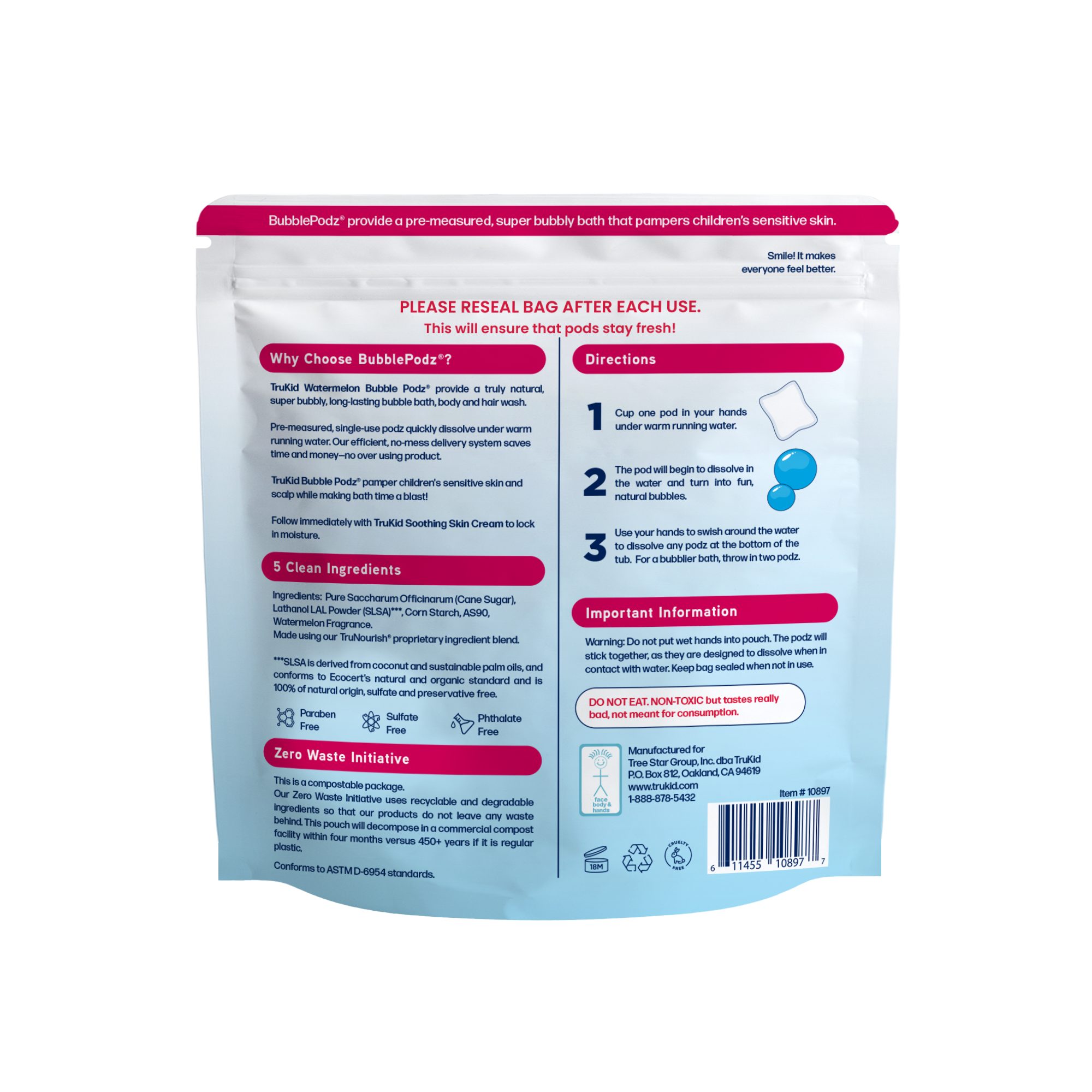 Back of a packaging of TruKid Bubble Podz Bubble Bath, watermelon scent on a white background