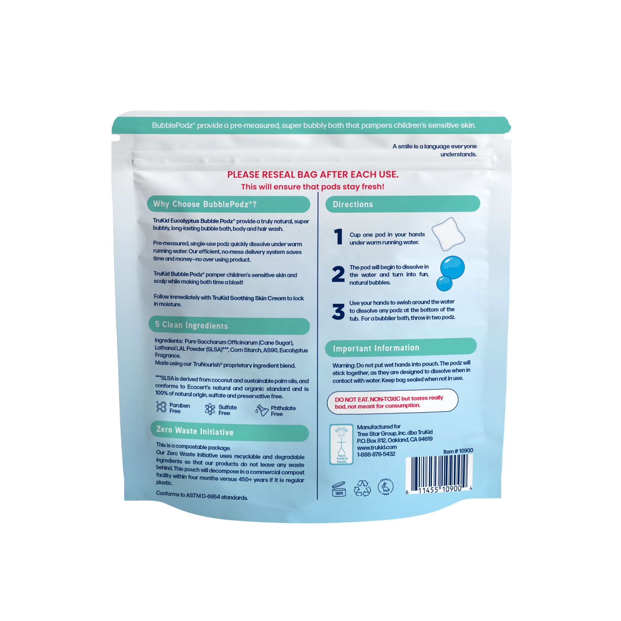 Back of a packaging of TruKid Bubble Podz Bubble Bath, eucalyptus scent on a white background