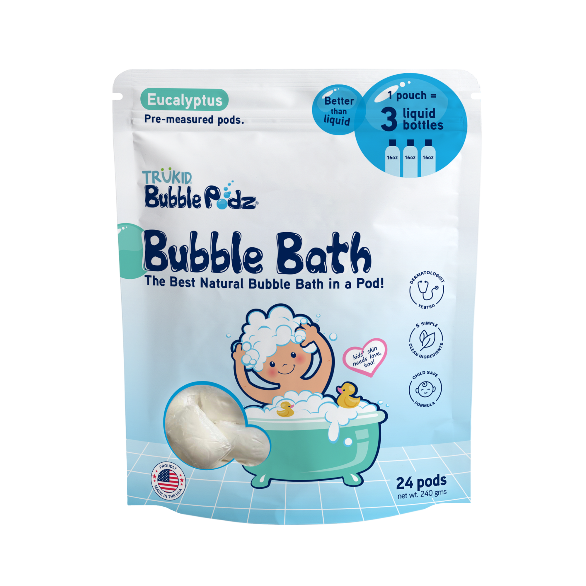 Packaging of TruKid Bubble Podz 24ct Bubble Bath, Eualyptus scent, on a white background