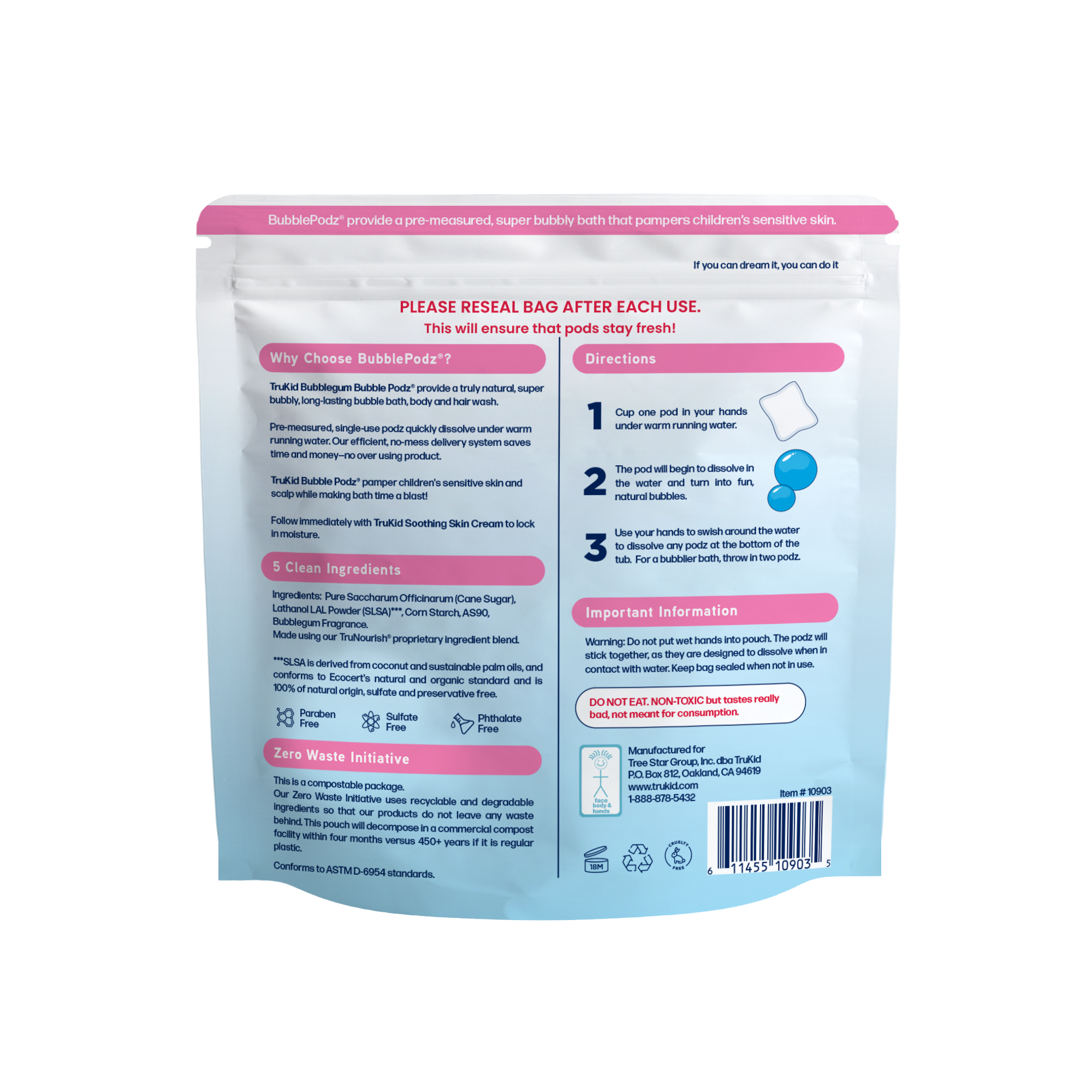 Back of a packaging of TruKid Bubble Podz Bubble Bath, bubblegum scent on a white background