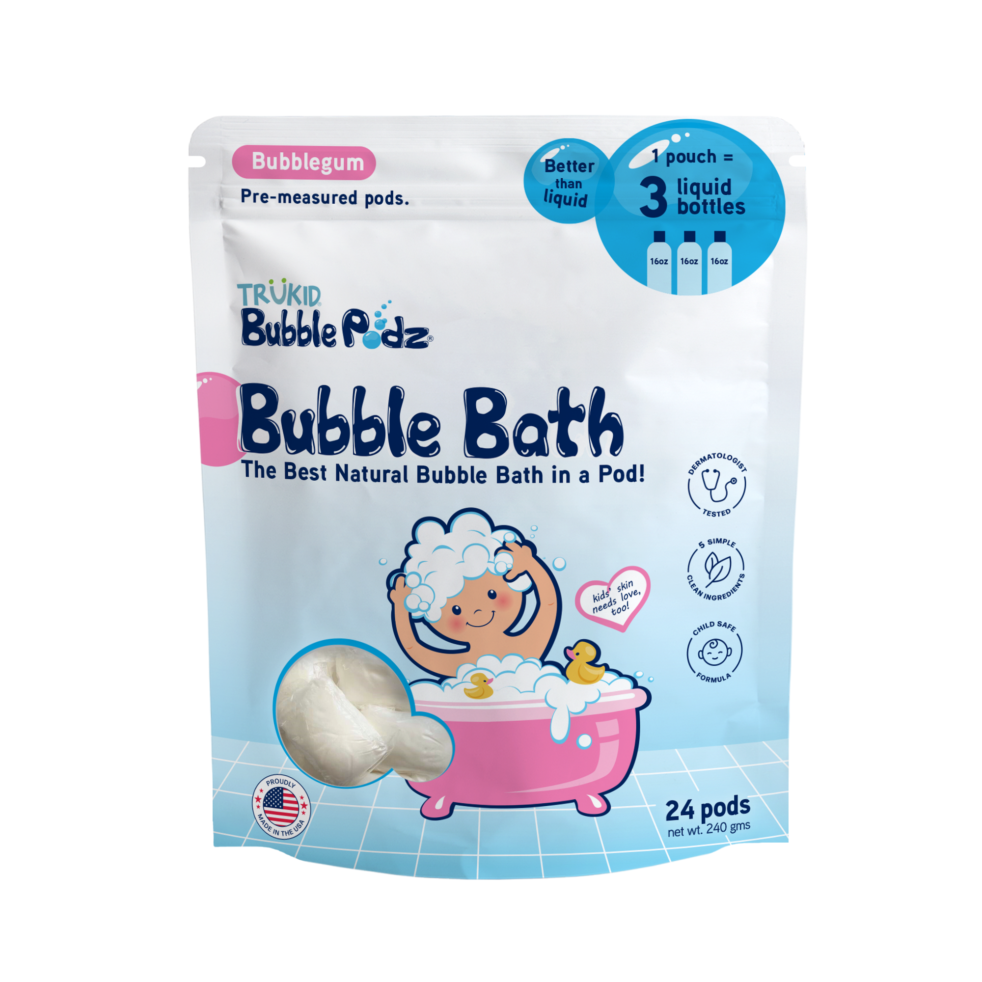 Packaging of TruKid Bubble Podz 24ct Bubble Bath, Bubblegum scent, on a white background