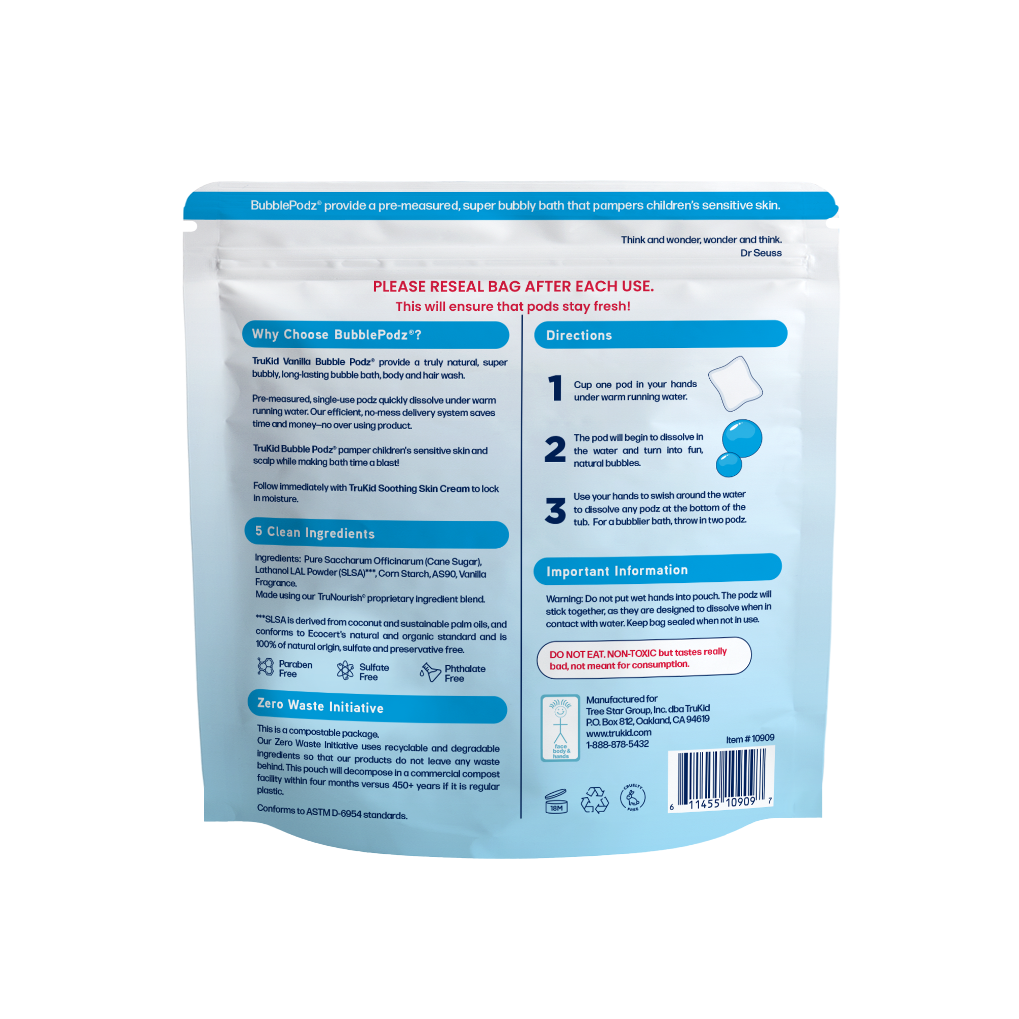 Back of a packaging of TruKid Bubble Podz Bubble Bath, vanilla scent on a white background