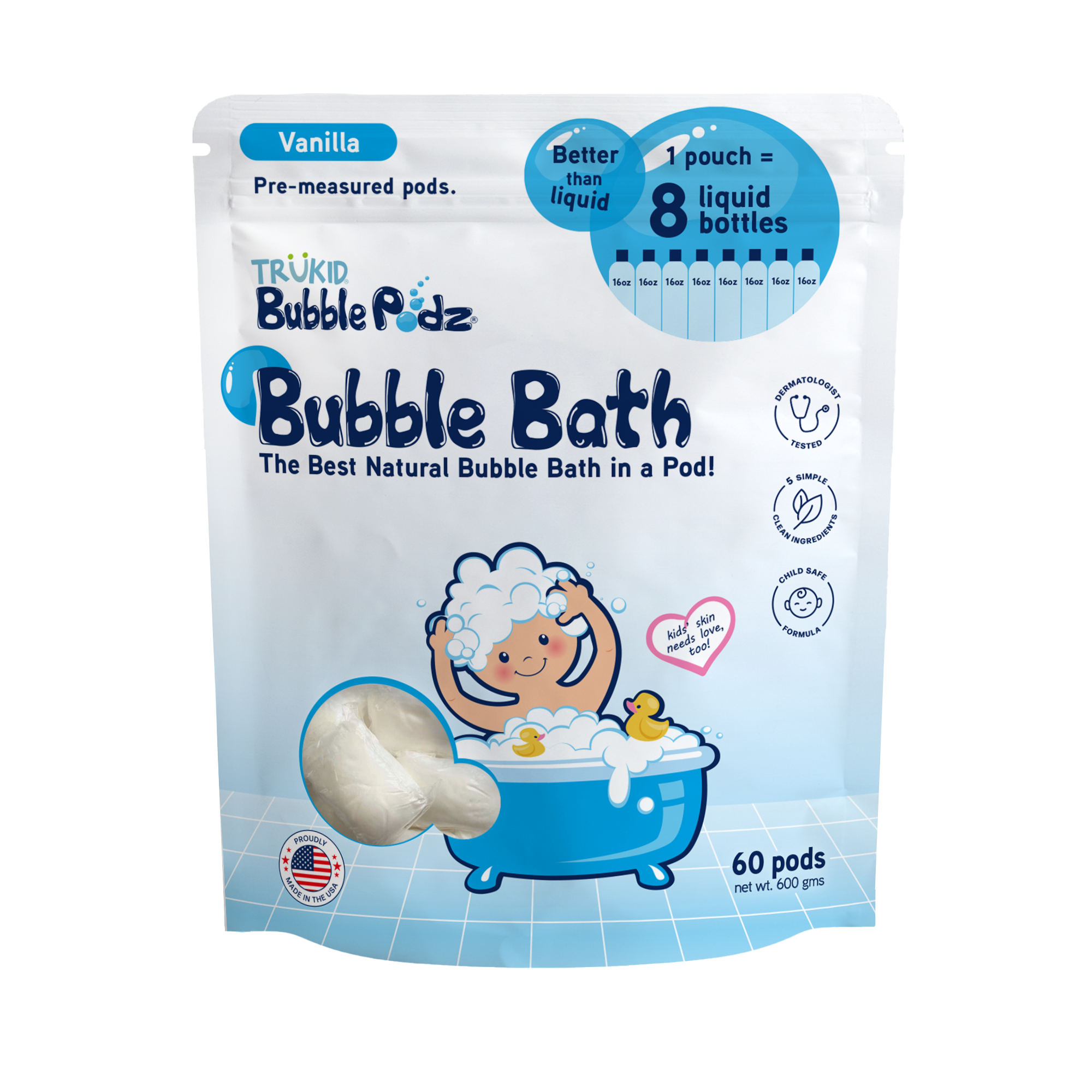 Packaging of TruKid Bubble Podz 60ct Bubble Bath, Vanilla scent, on a white background