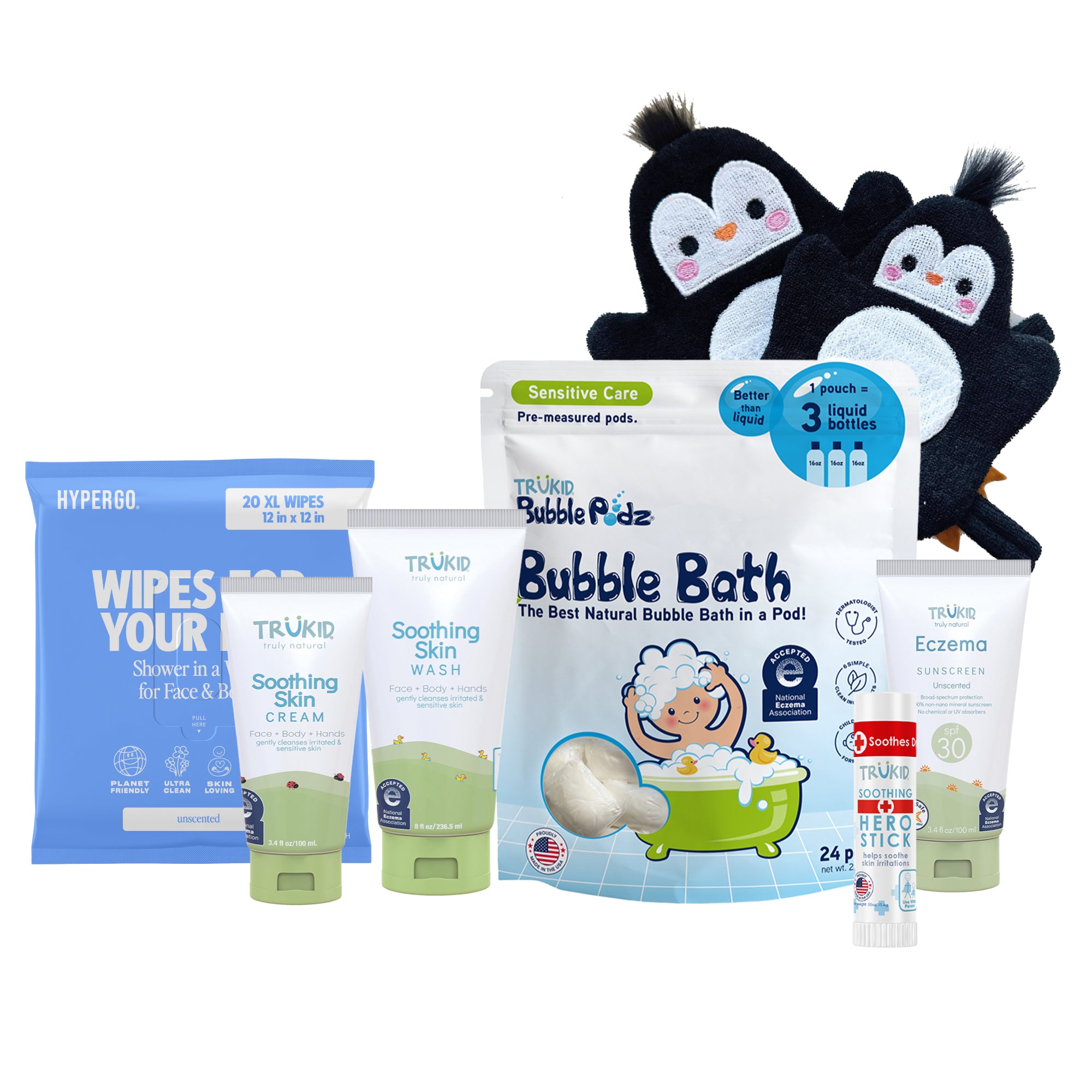 Collection of baby care products including bubble bath, wipes, and creams with penguin-themed packaging on a white background.