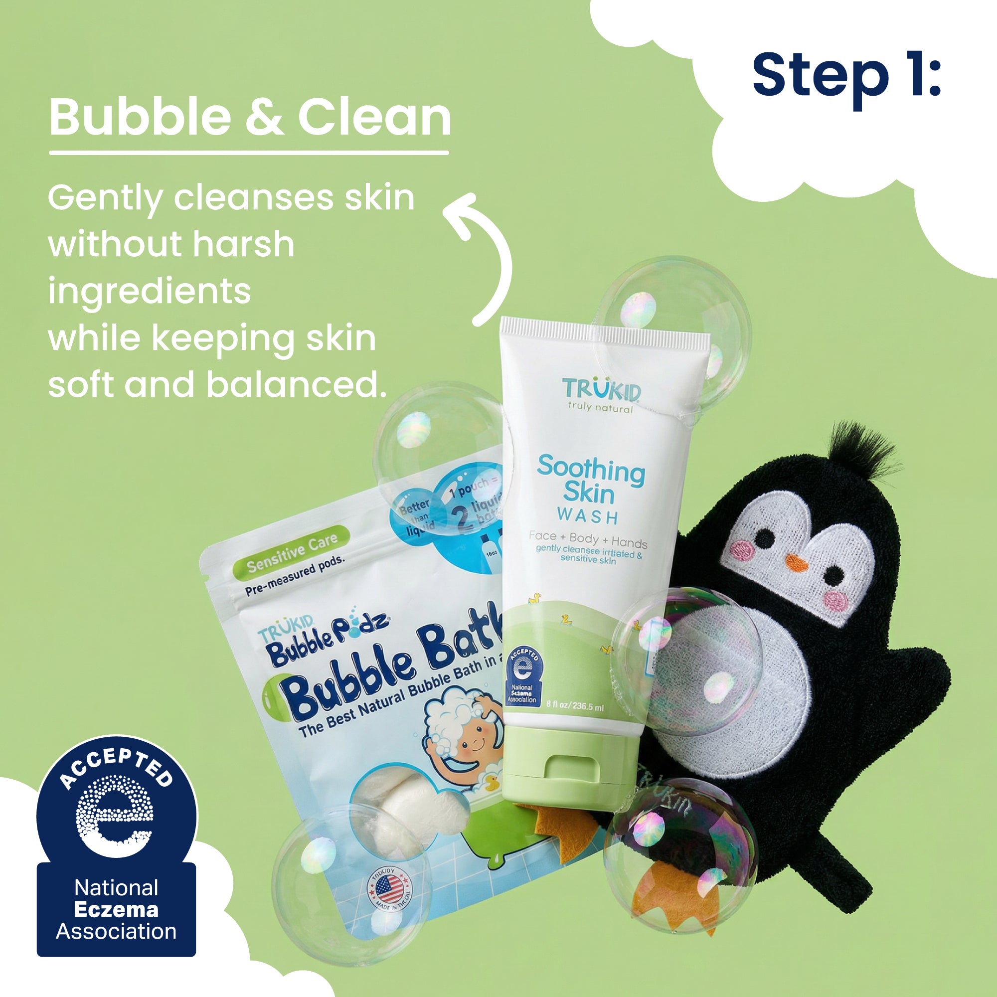 TruKid skincare products with a penguin toy on a green background