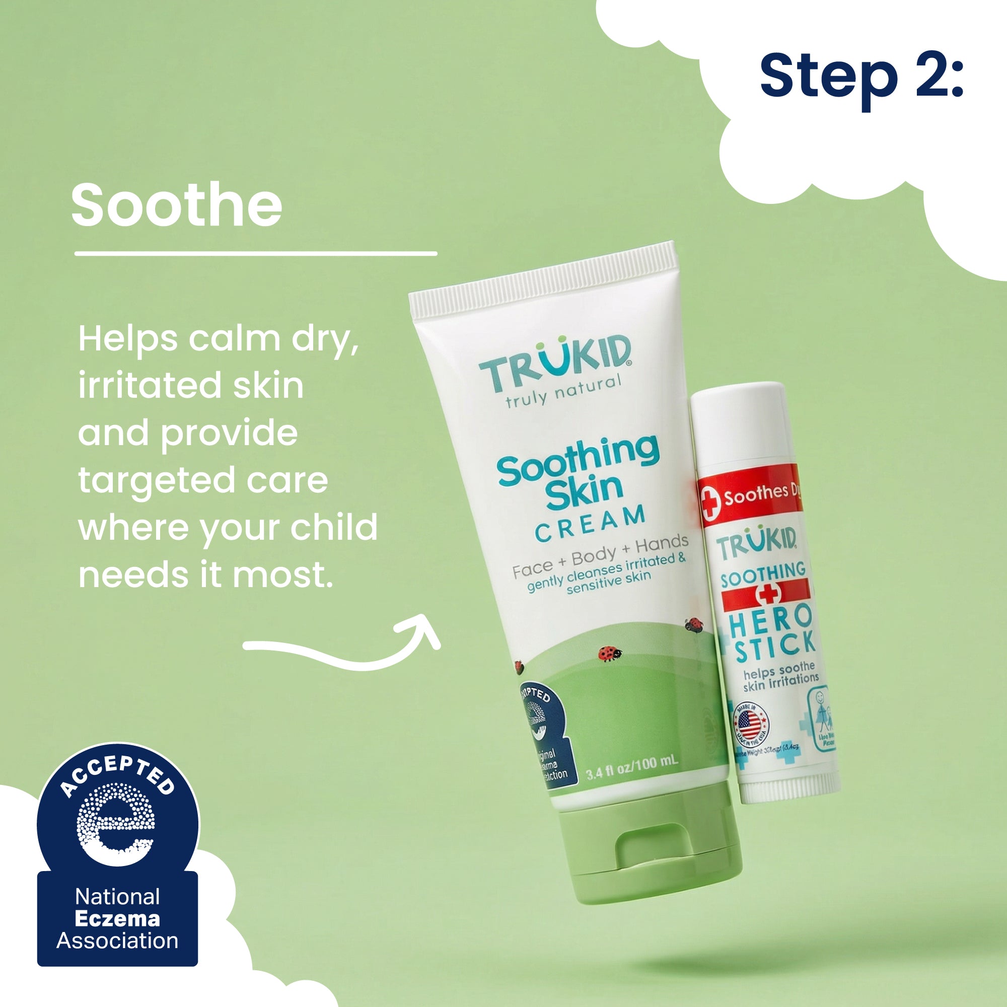 Trukid Soothing Skin Cream and Hero Stick on a green background with text about soothing dry, irritated skin.