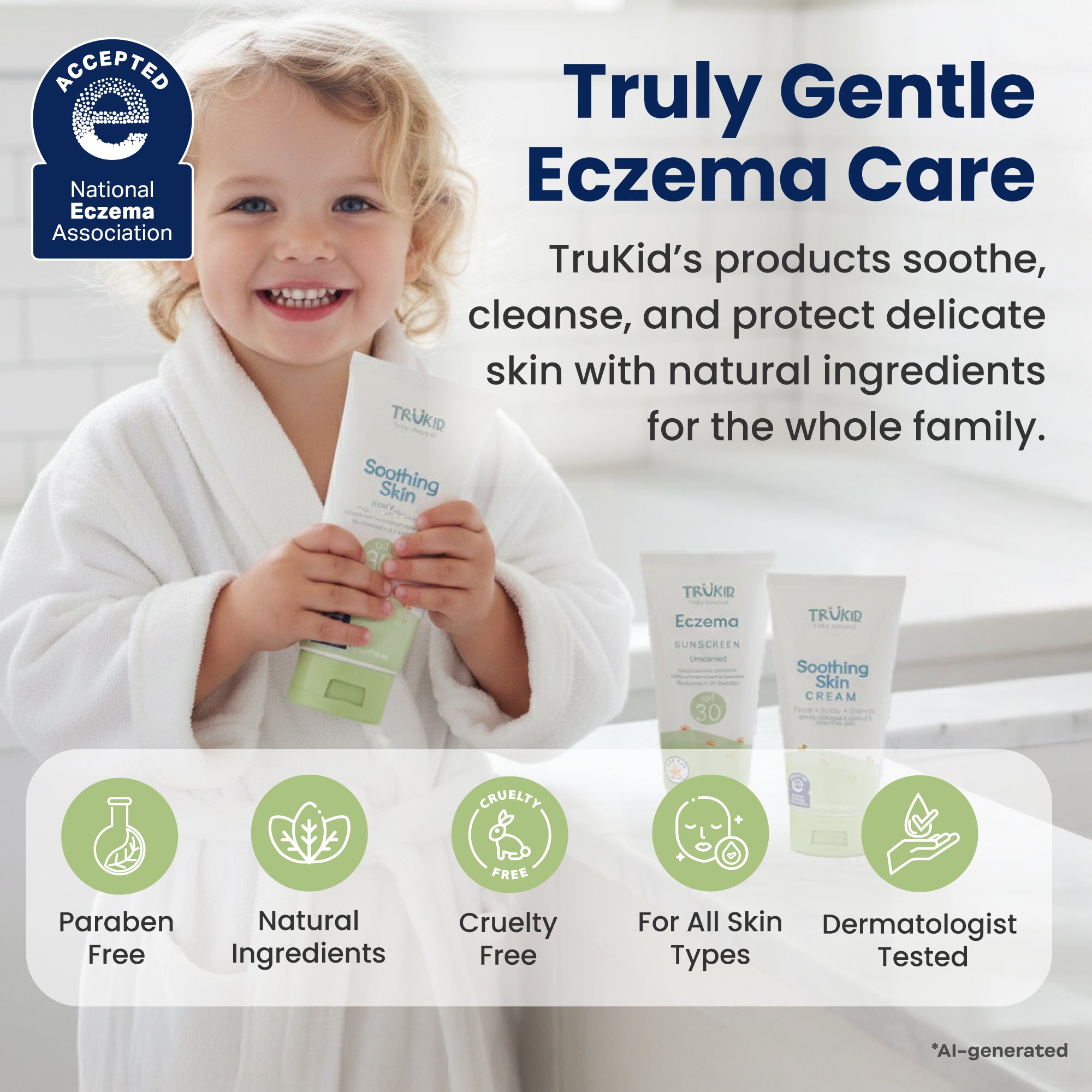 Child holding TruKid eczema care products with product packaging and branding elements.