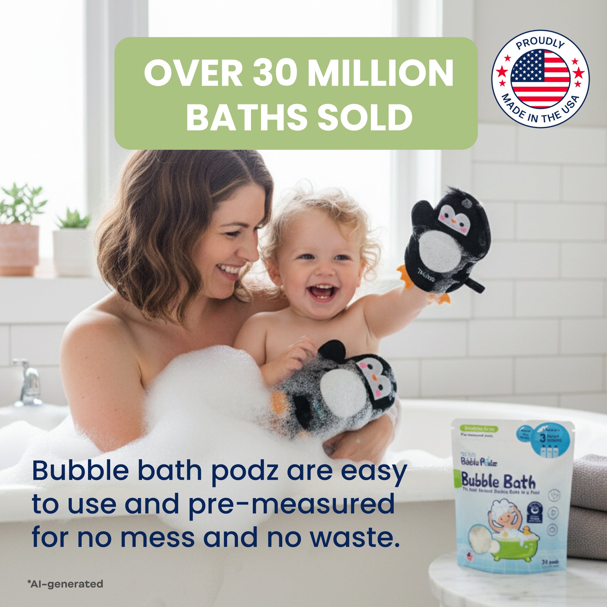 Woman and child in a bathroom with penguin-themed bath toys and a pouch of Bubble Bath Podz.
