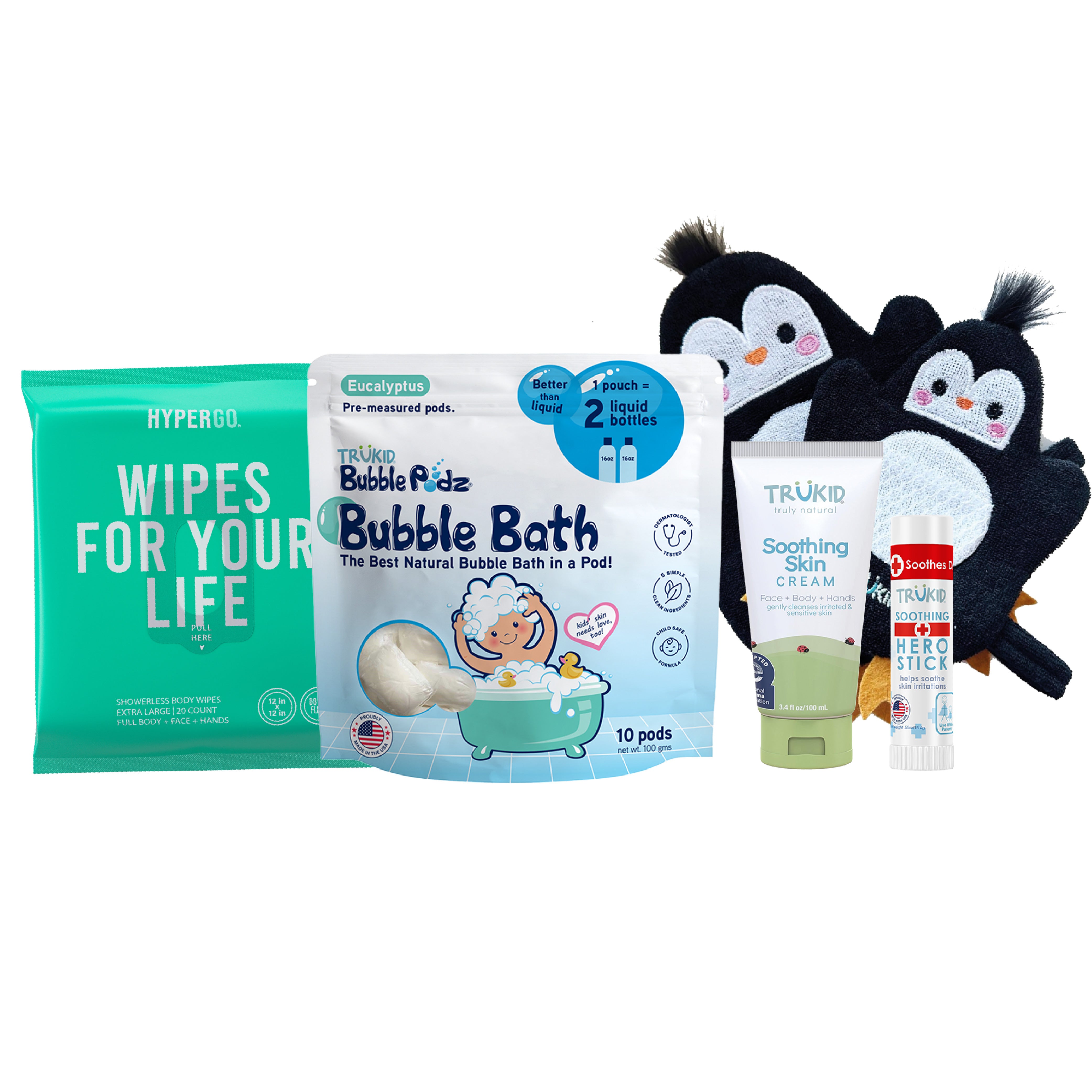 Collection of baby care products including wipes, bubble bath, creams and a penguin glove.
