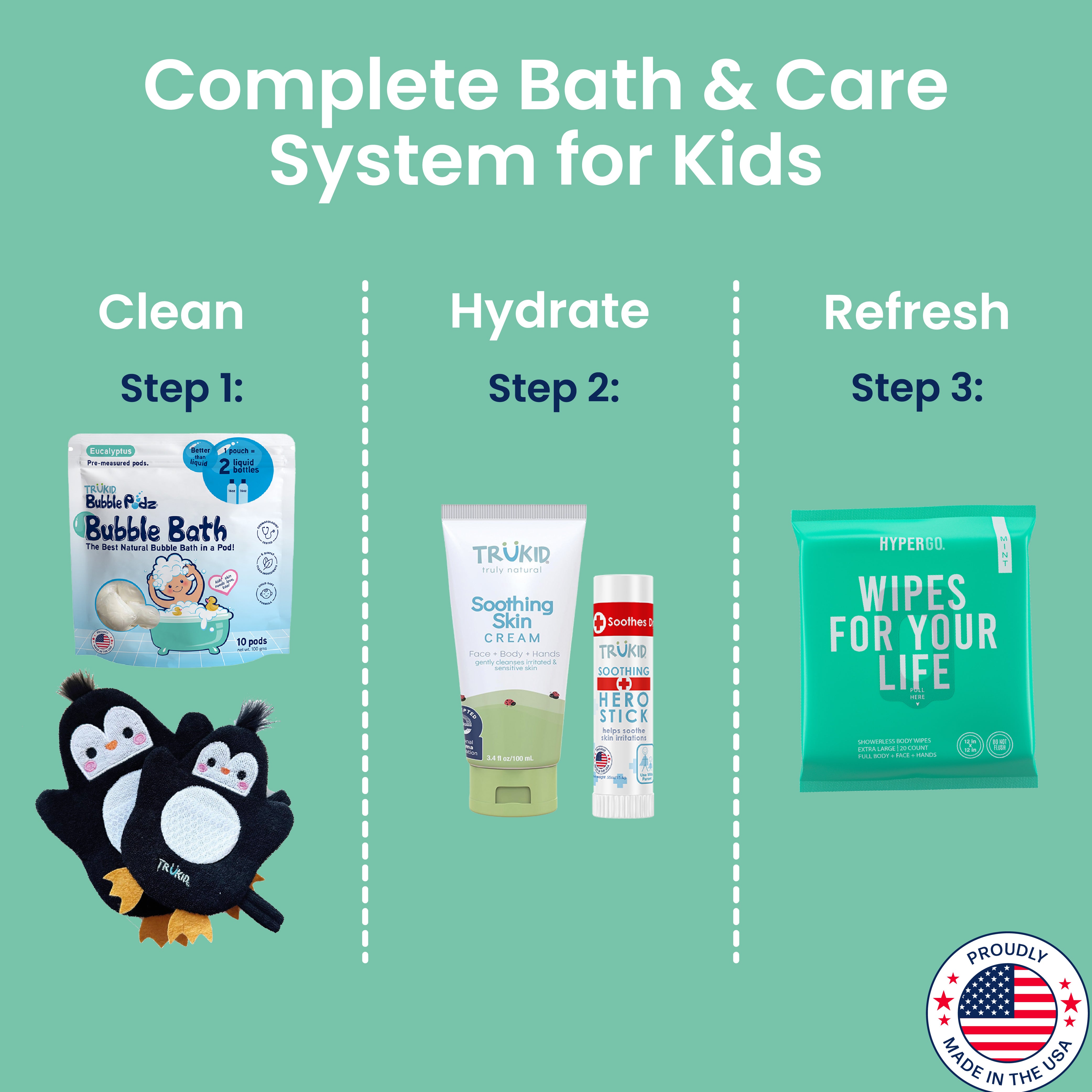 Complete bath and care system for kids with skin care products and penguin glove for bath time on a green background