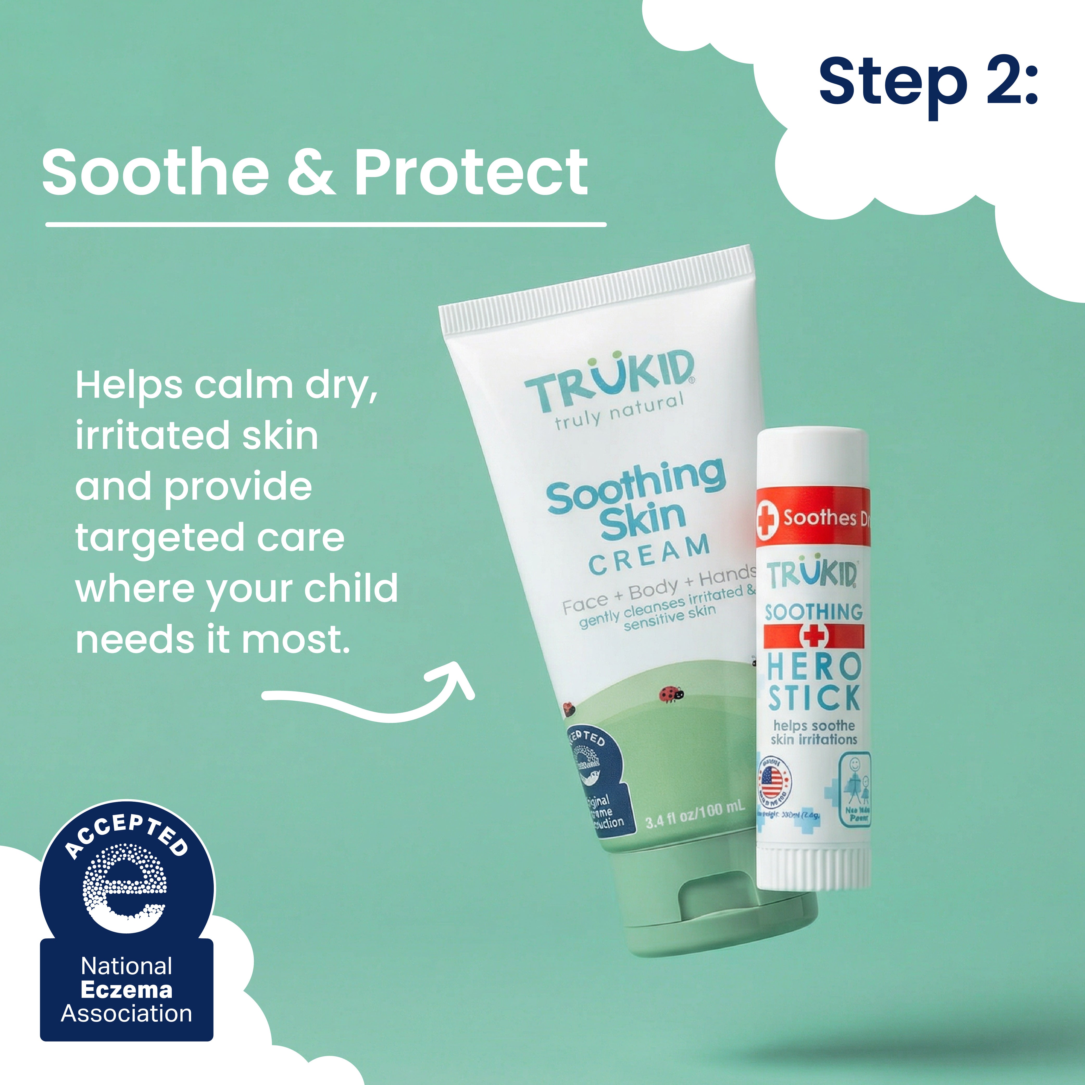 TruKid soothing skin cream and hero stick on a teal background with text about soothing and protecting dry, irritated skin.