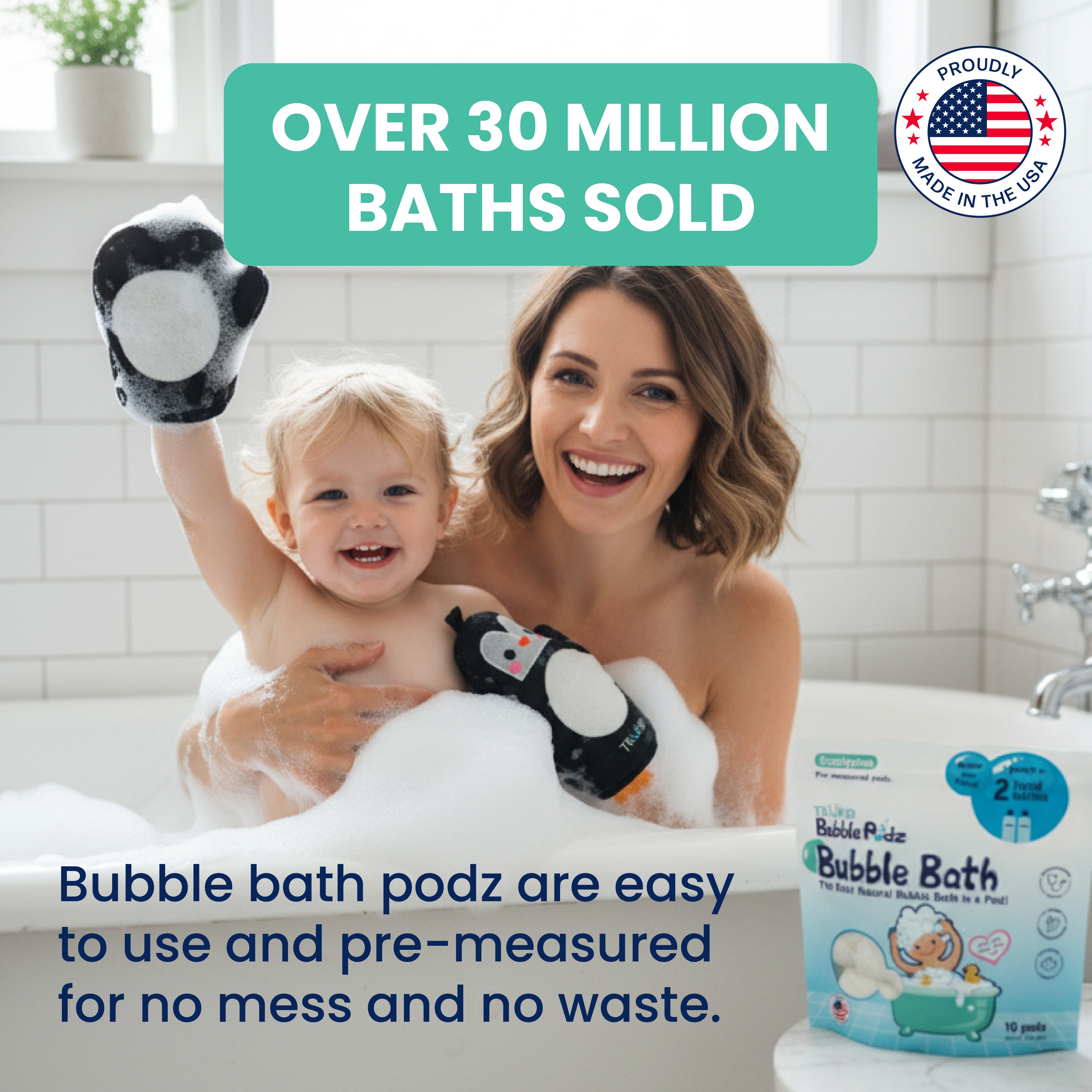 Woman and child in a bathtub with Bubble Bath Podz, emphasizing ease of use and wastelessness.