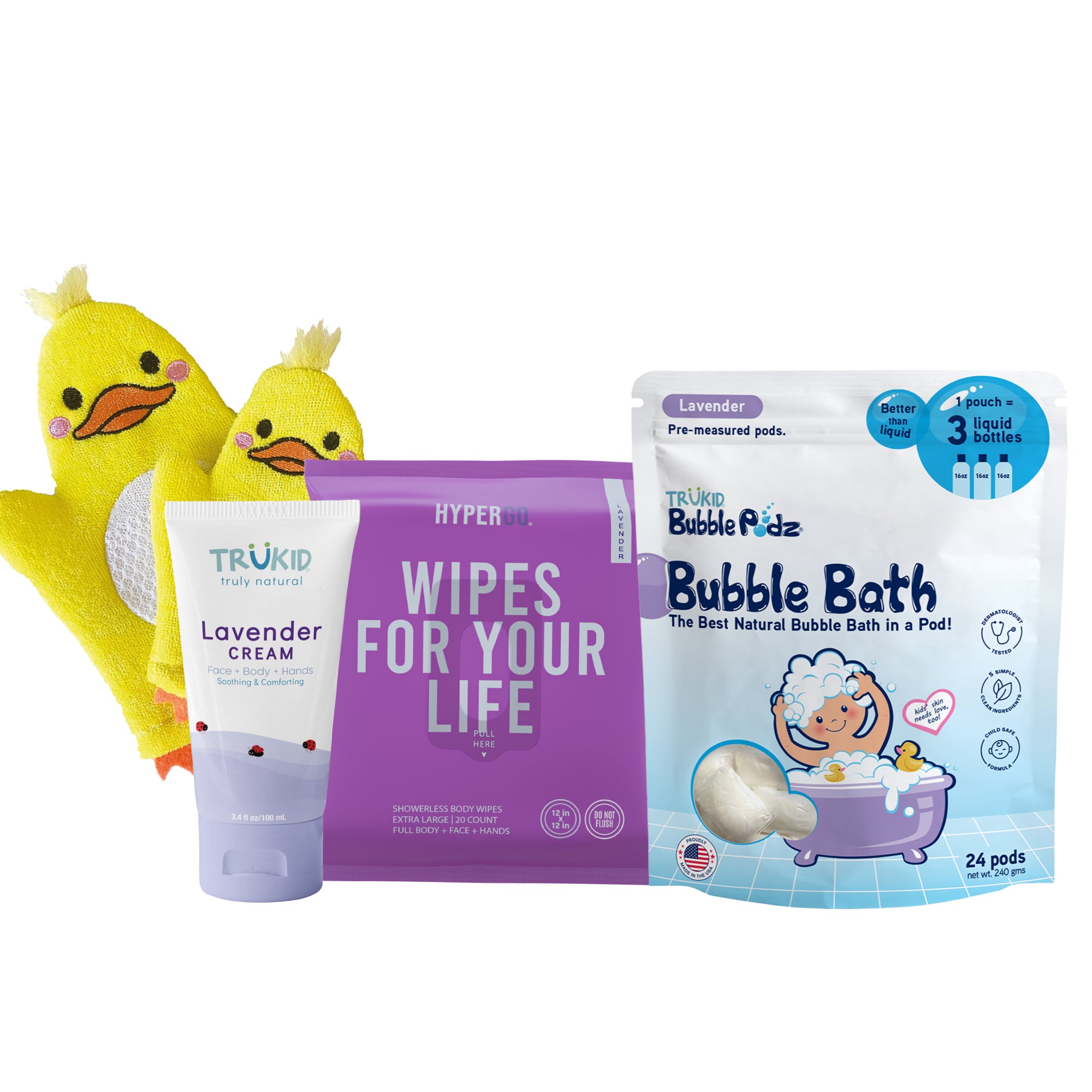Collection of baby care products including a cream, wipes, and bubble bath on a white background