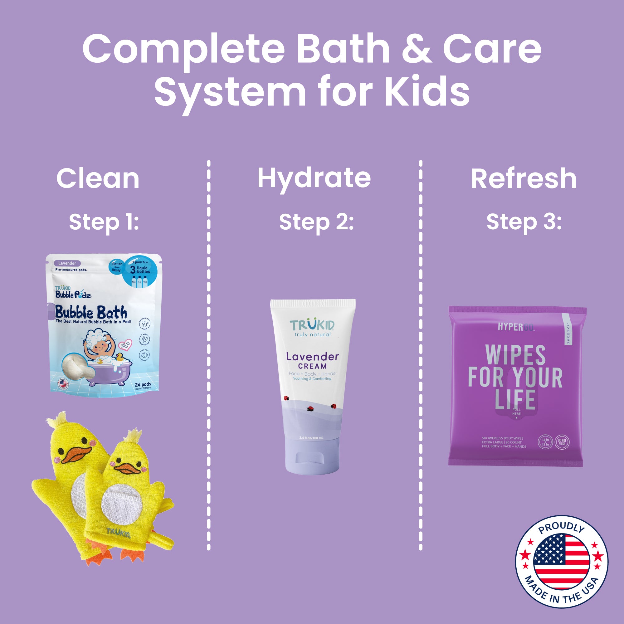 Complete bath and care system for kids with products and steps on a purple background.