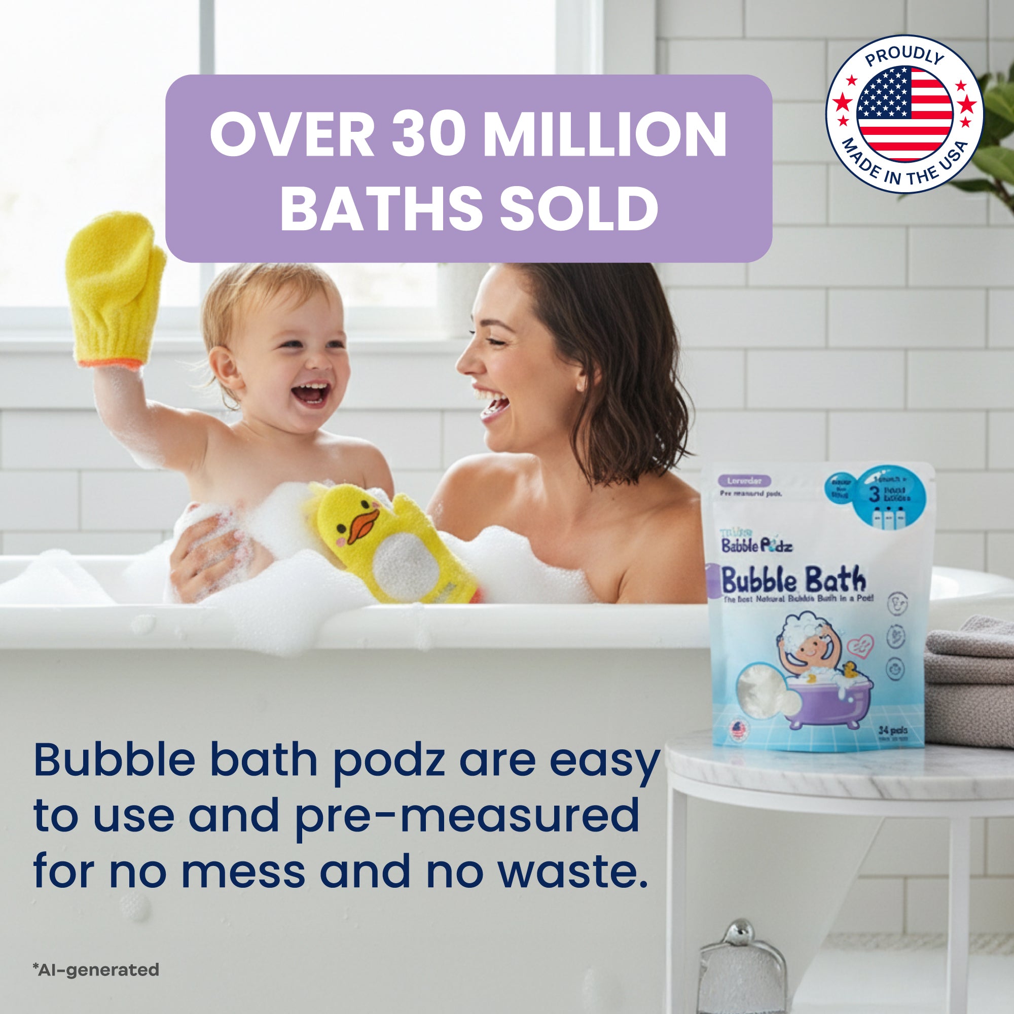 Woman and child in a bathtub with bubble bath podz packaging and text about product sales and features.