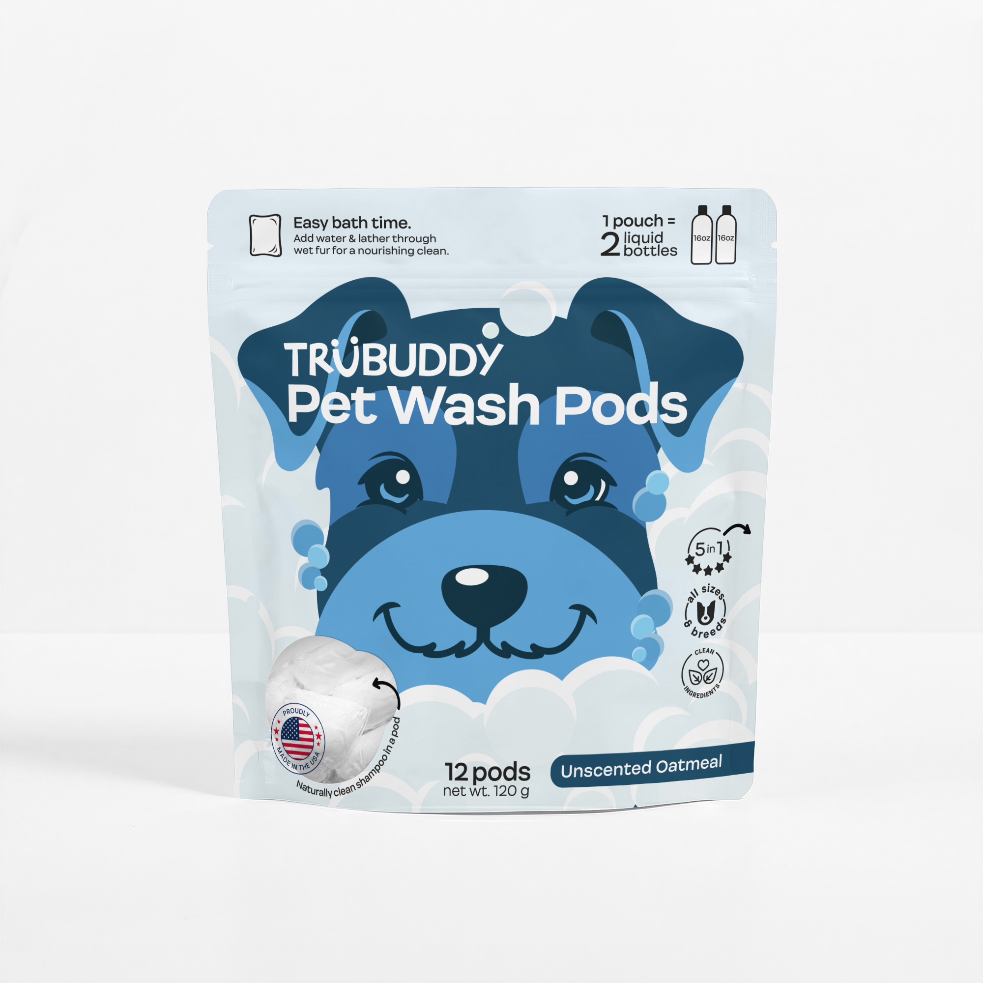 Trubuddy Pet Wash Pods packaging with a blue dog illustration on a white background-unscented scent