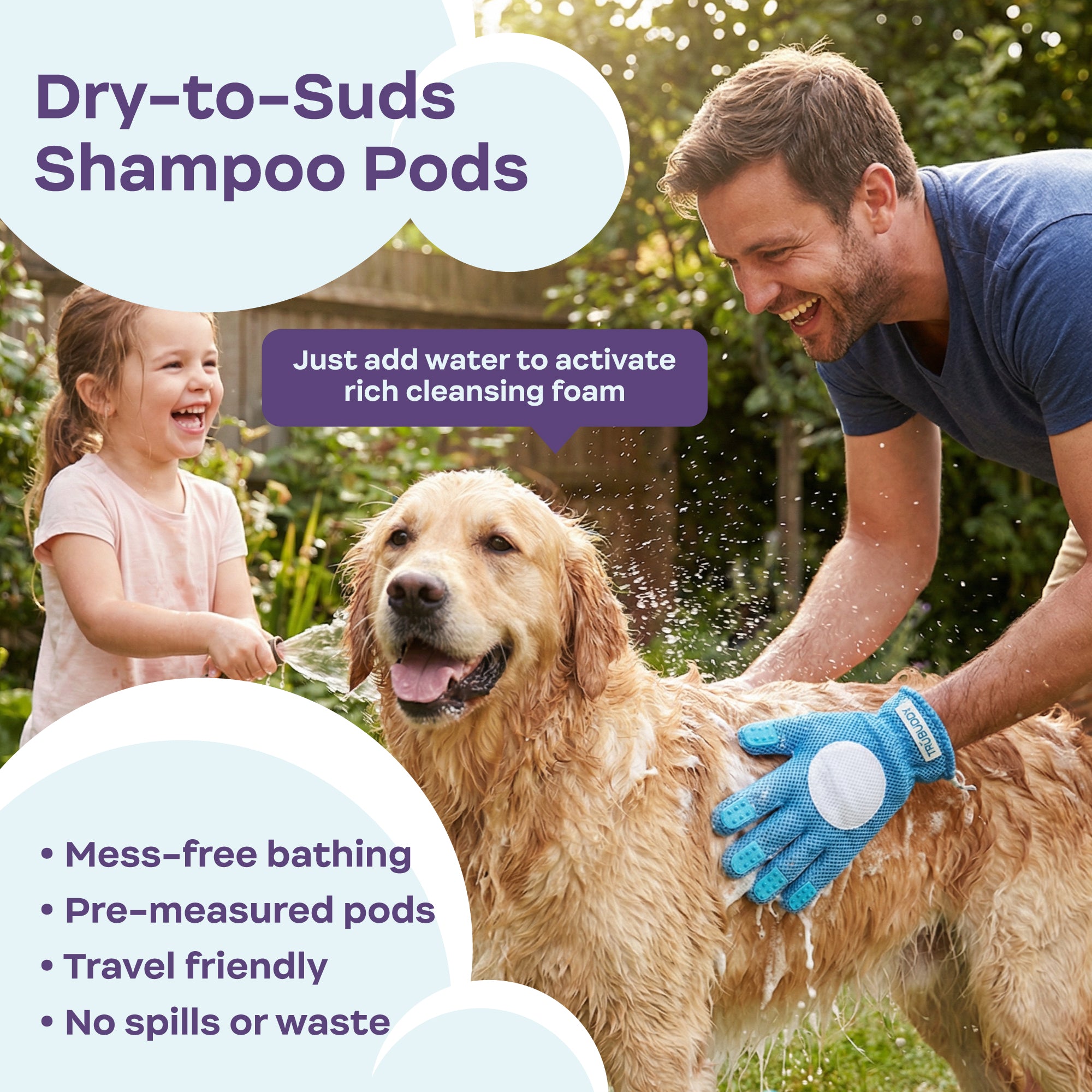 Man and child washing a dog with Dry-to-Suds Shampoo Pods, surrounded by greenery.