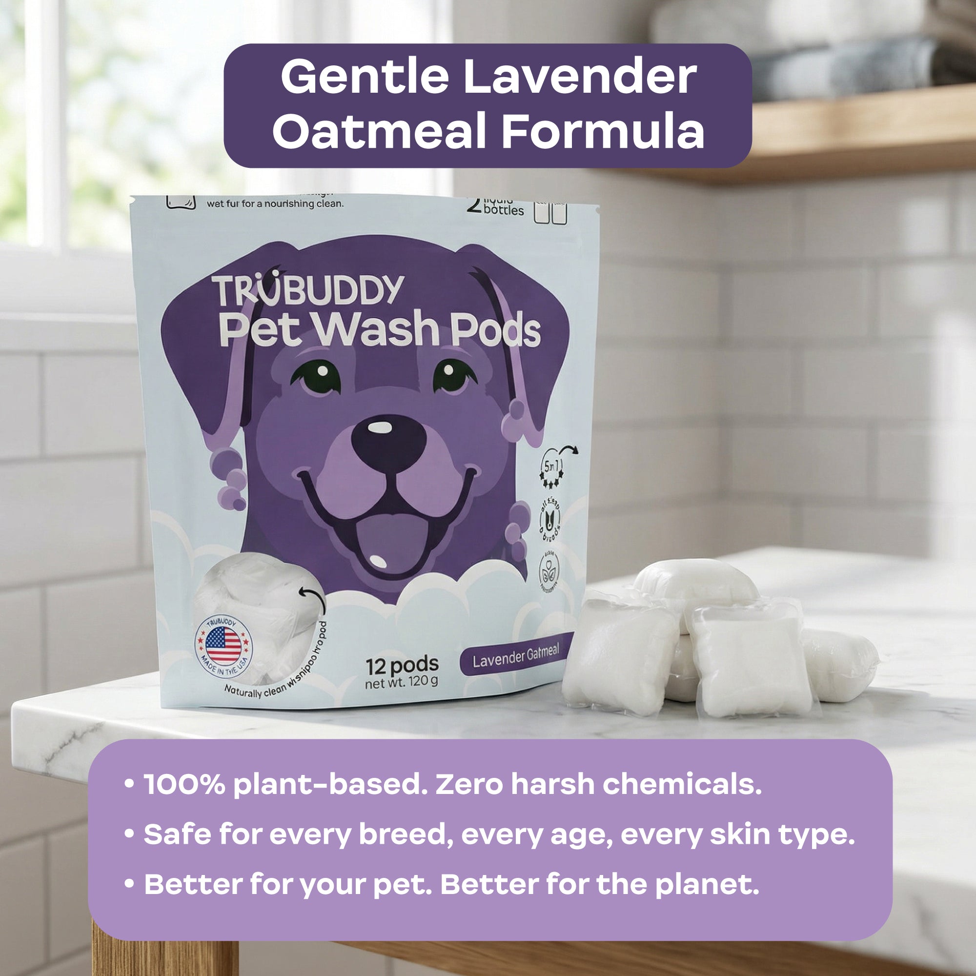 TruBuddy Pet Wash Pods packaging with lavender oatmeal formula on a bathroom counter.