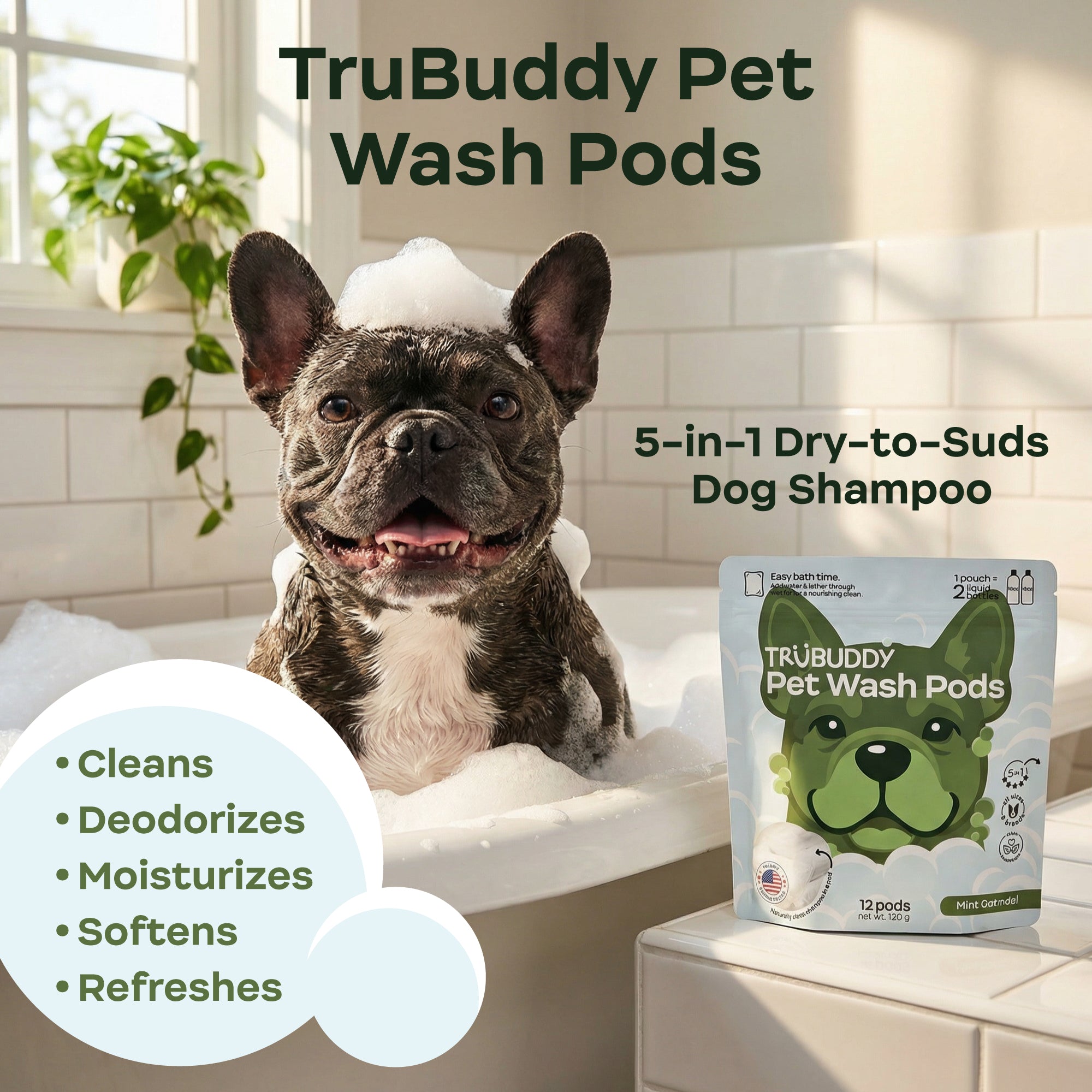 Dog being bathed with TruBuddy Pet Wash Pods packaging and product details displayed.