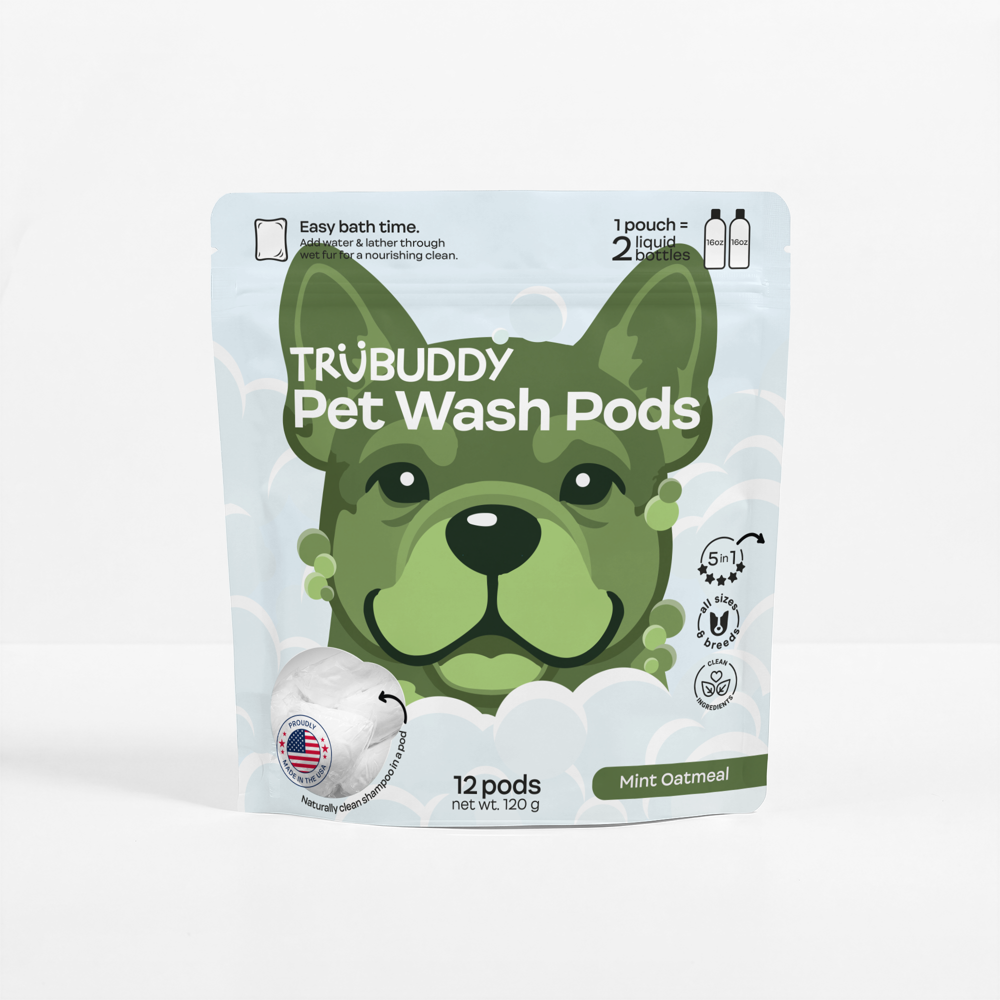 TruBuddy Pet Wash Pods packaging with a green dog illustration on a light blue background- Mint Oatmeal