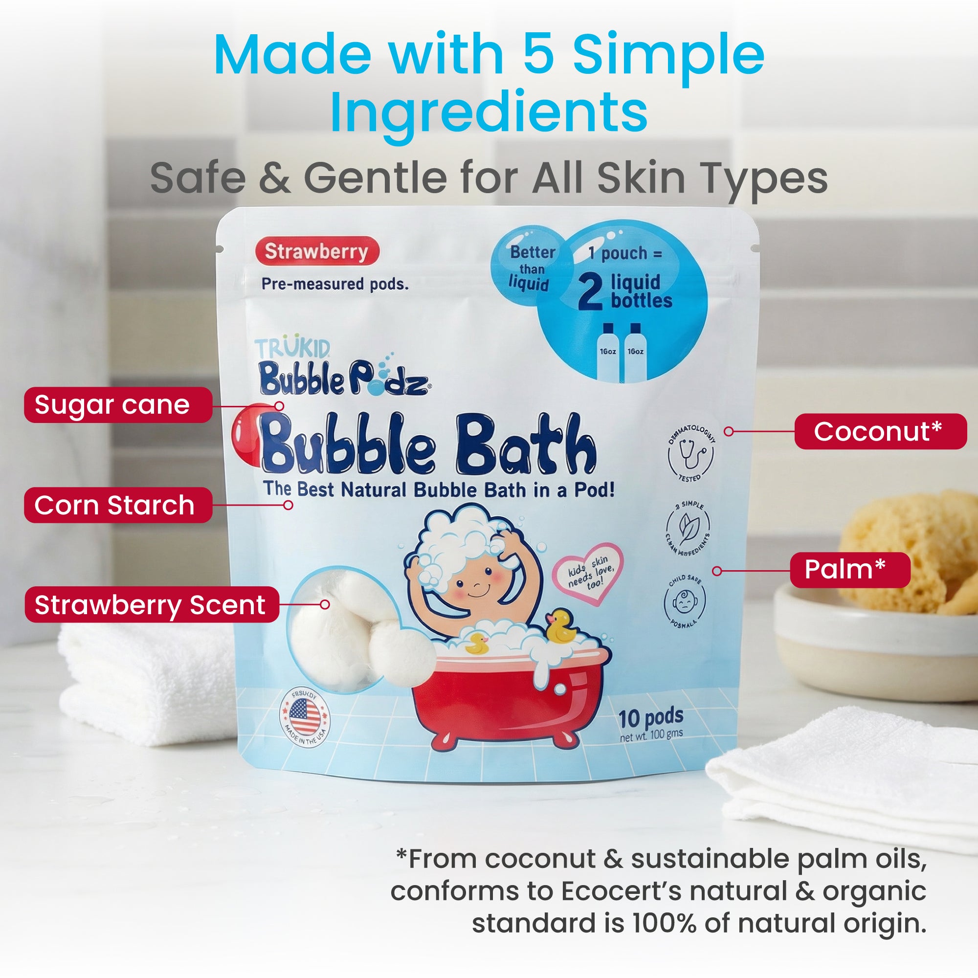 TruKid Bubble Podz Bubble Bath packaging with ingredients listed on a neutral background