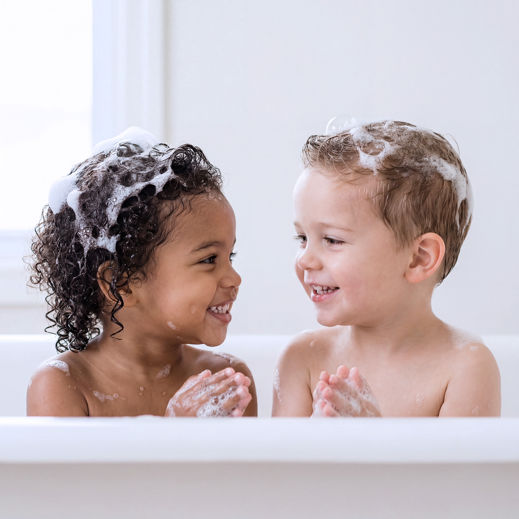 Two children in a bath with soap bubbles on their faces, smiling at each other.