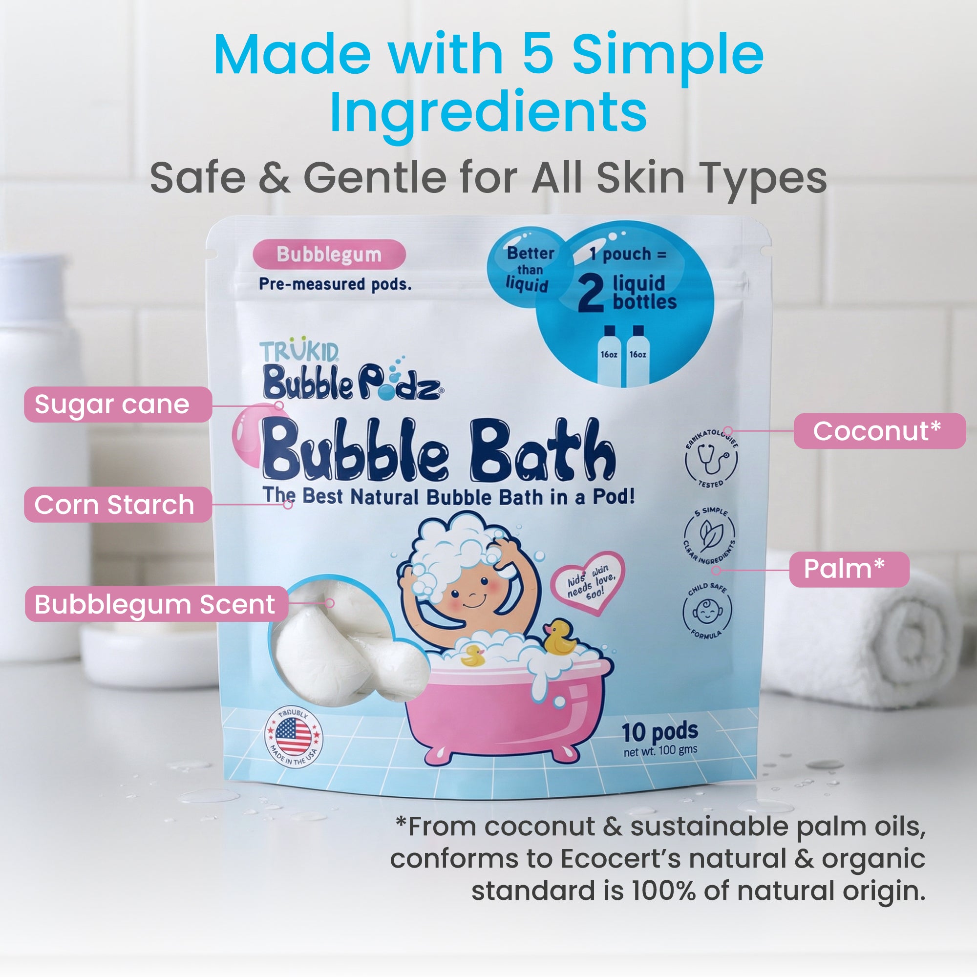 Trukid Bubble Podz Bubble Bath packaging with ingredients listed on a white background