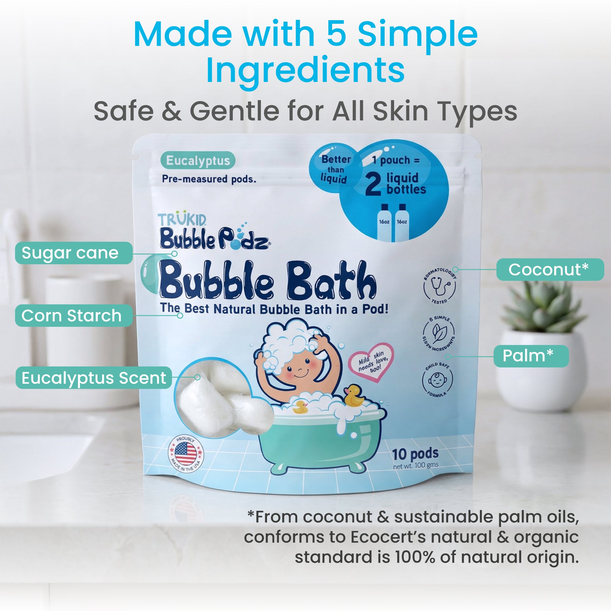 Trukid Bubble Podz Bubble Bath packaging with ingredients listed on a white background