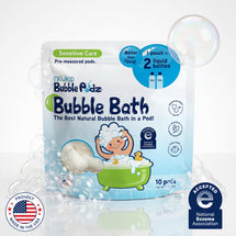 TruKid Bubble Podz Bubble Bath sensitive Care, packaging with bubbles and certification logos on a white background