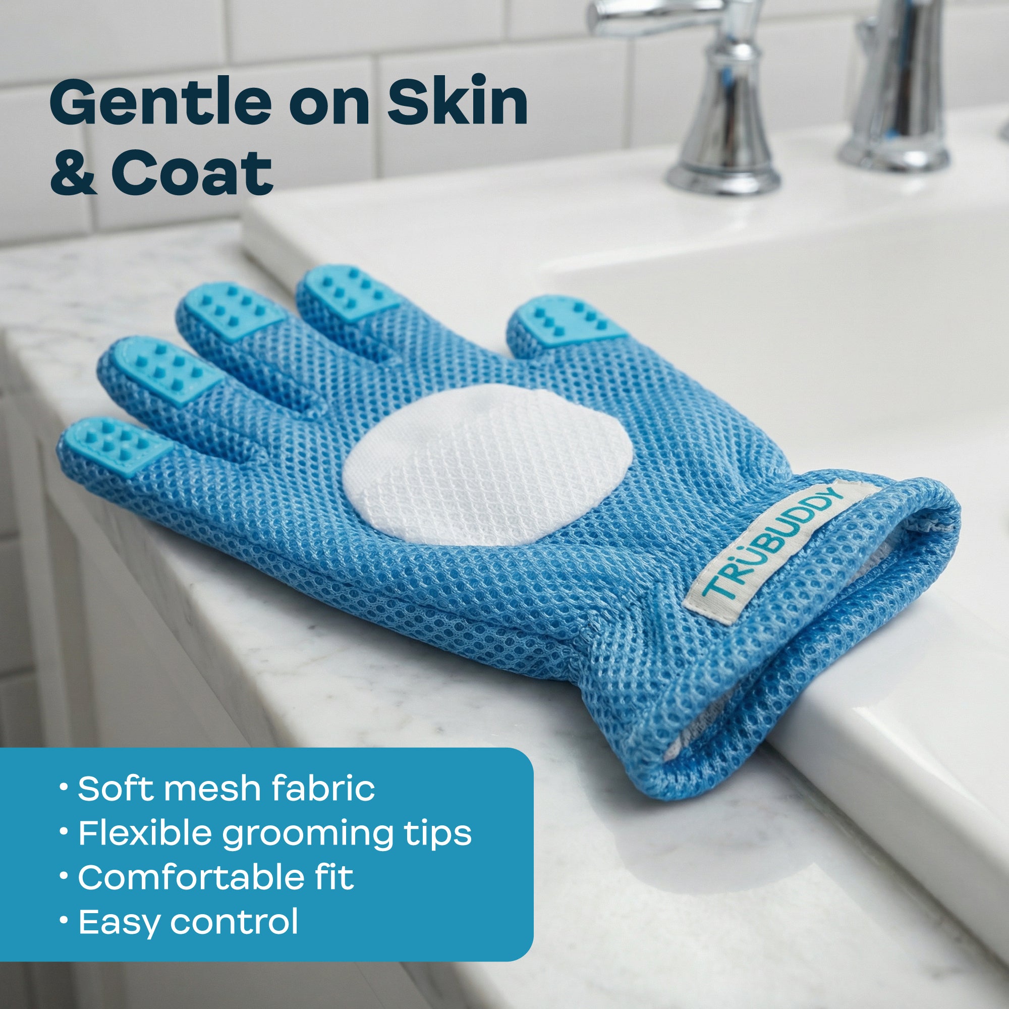 Blue grooming glove on a bathroom counter with text highlighting features