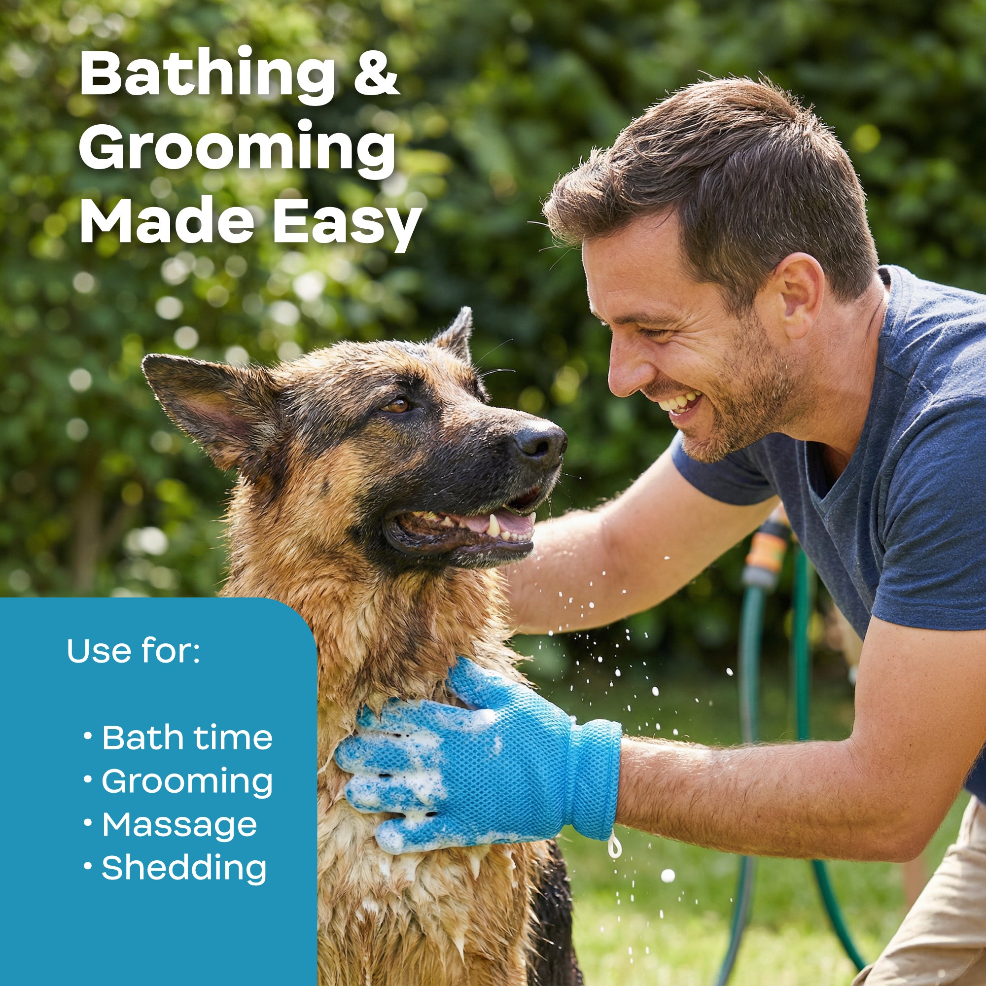Man washing a dog with text 'Bathing & Grooming Made Easy' and product uses listed.
