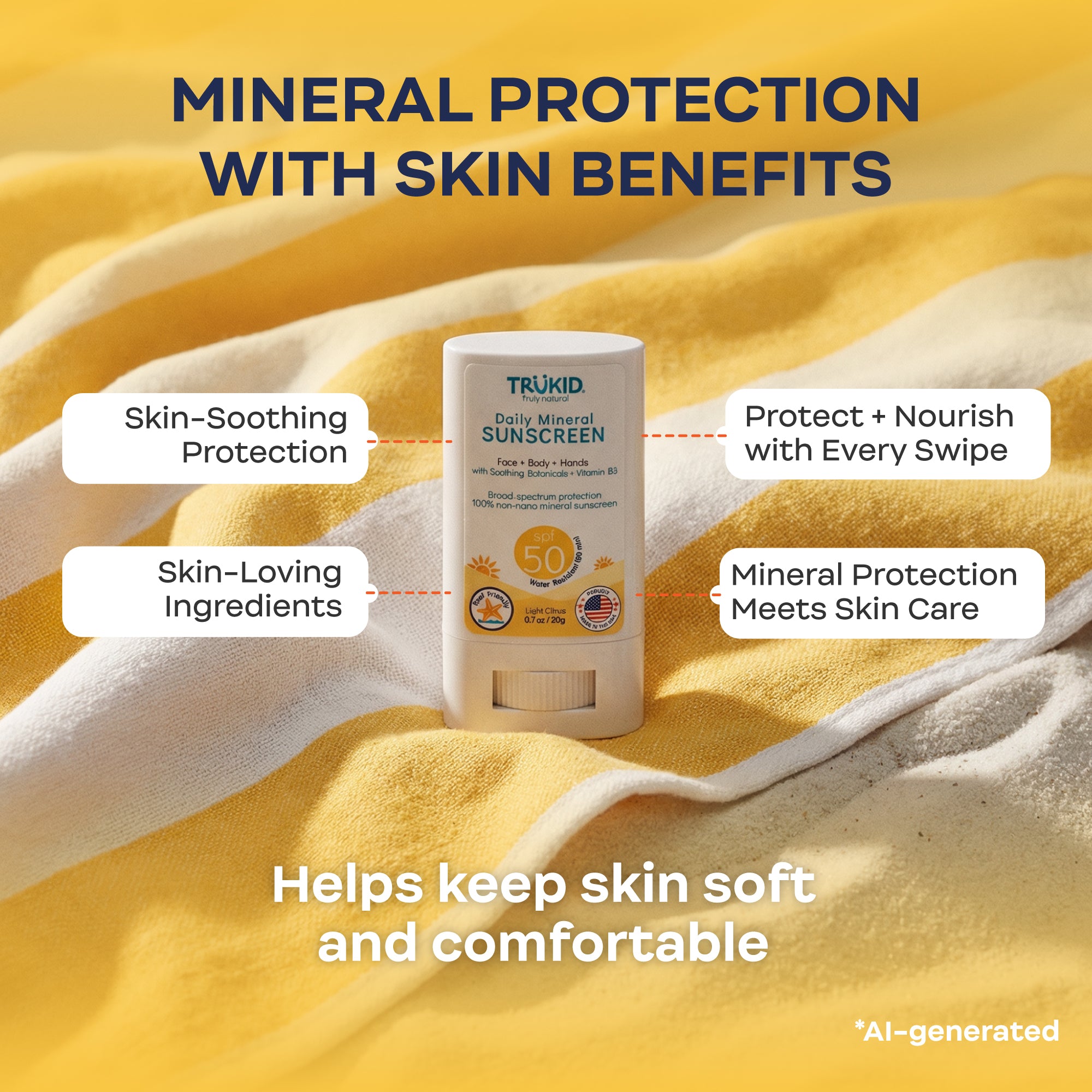 Trukid sunscreen stick with sand texture background and text highlighting benefits