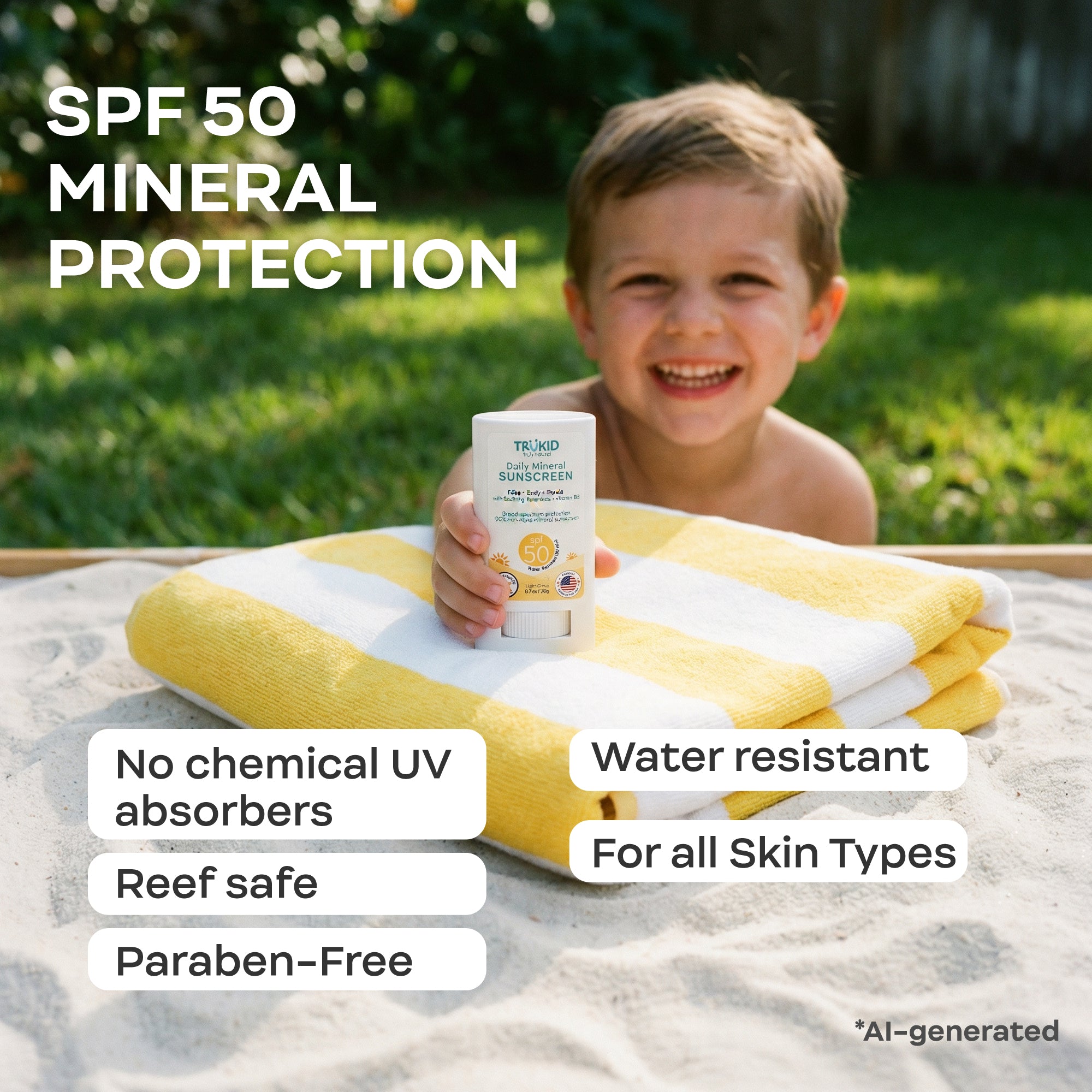 Child holding a sunscreen stick with text highlighting SPF 50 mineral protection, no chemical UV absorbers, water resistance, reef safety, and paraben-free.