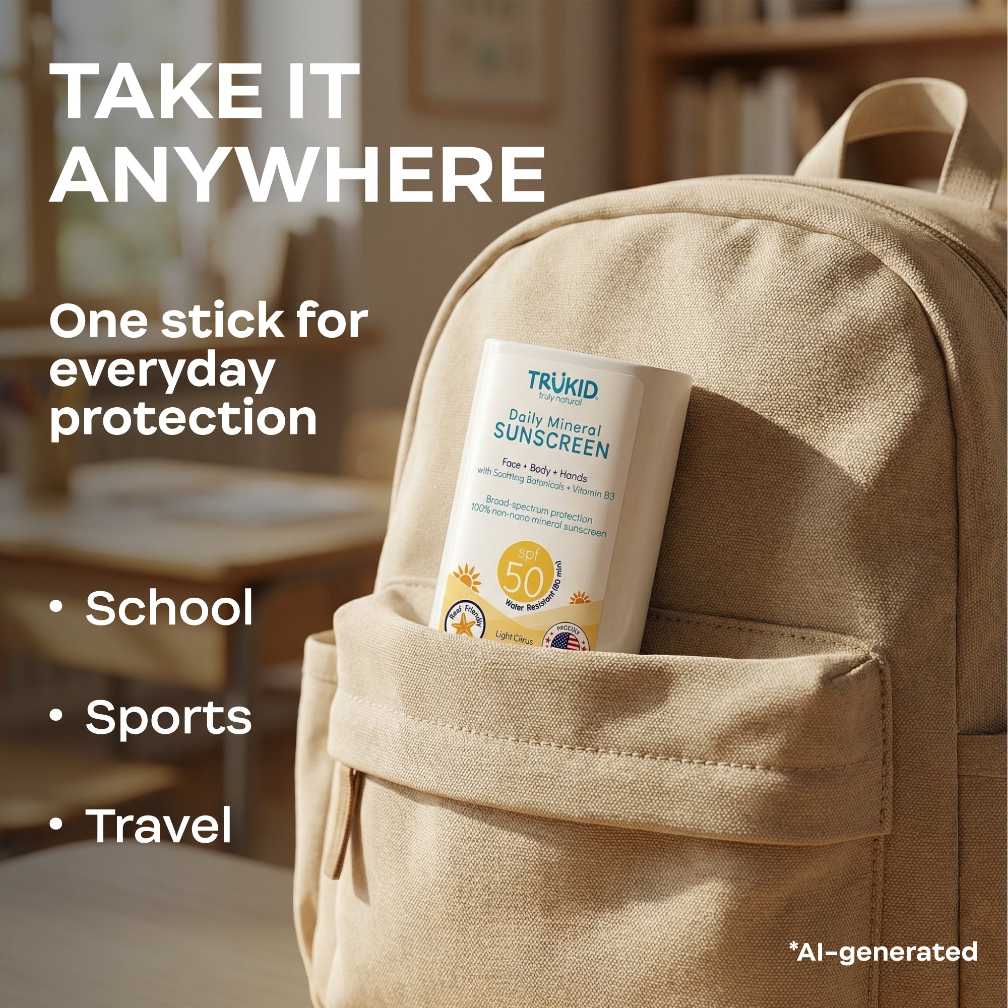 Trukid sunscreen stick in a beige backpack with text about its versatility.