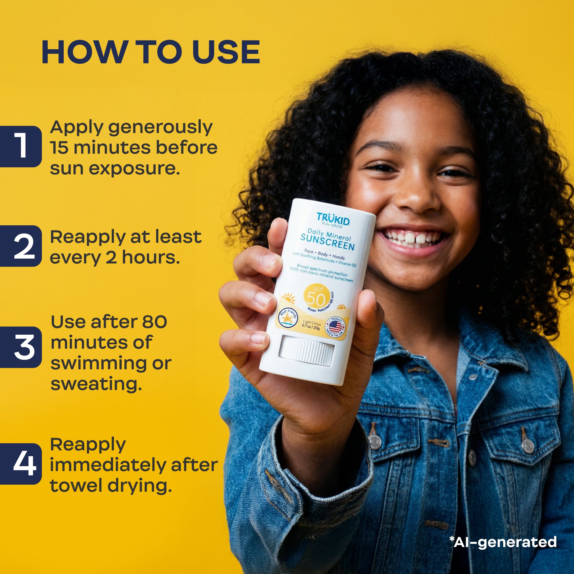 Child holding a Trukid sunscreen stick with usage instructions on a yellow background