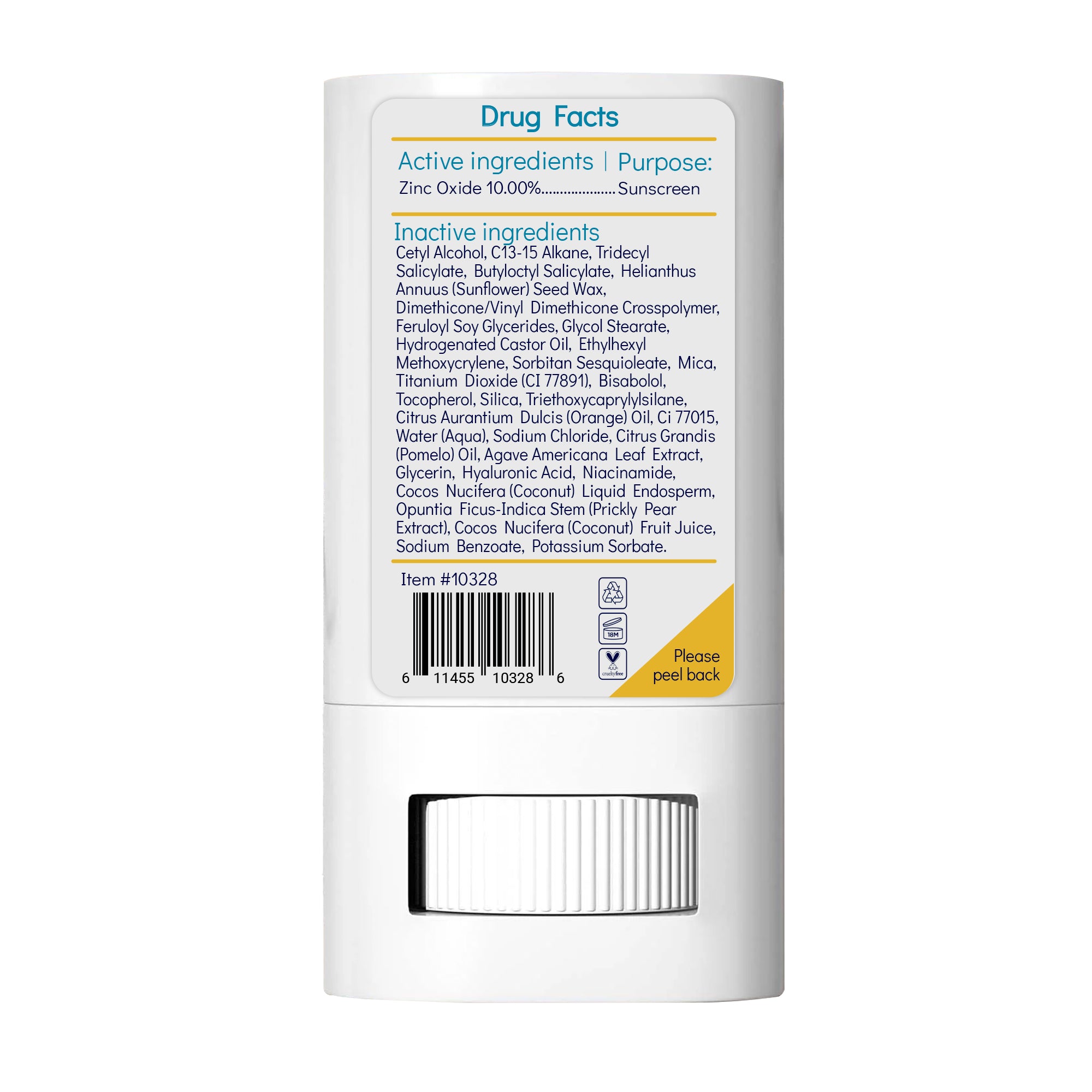 Sunscreen stick with label showing active and inactive ingredients on a white background