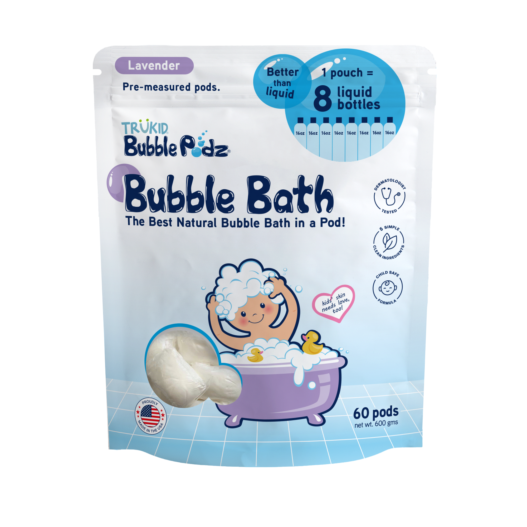 Packaging of TruKid Bubble Podz 60ct Bubble Bath, Lavender scent, on a white background