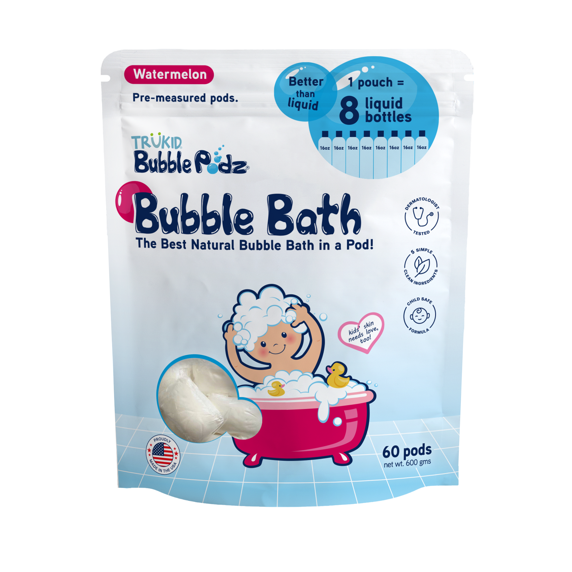 Packaging of TruKid Bubble Podz 60ct Bubble Bath, watermelon scent on a white background