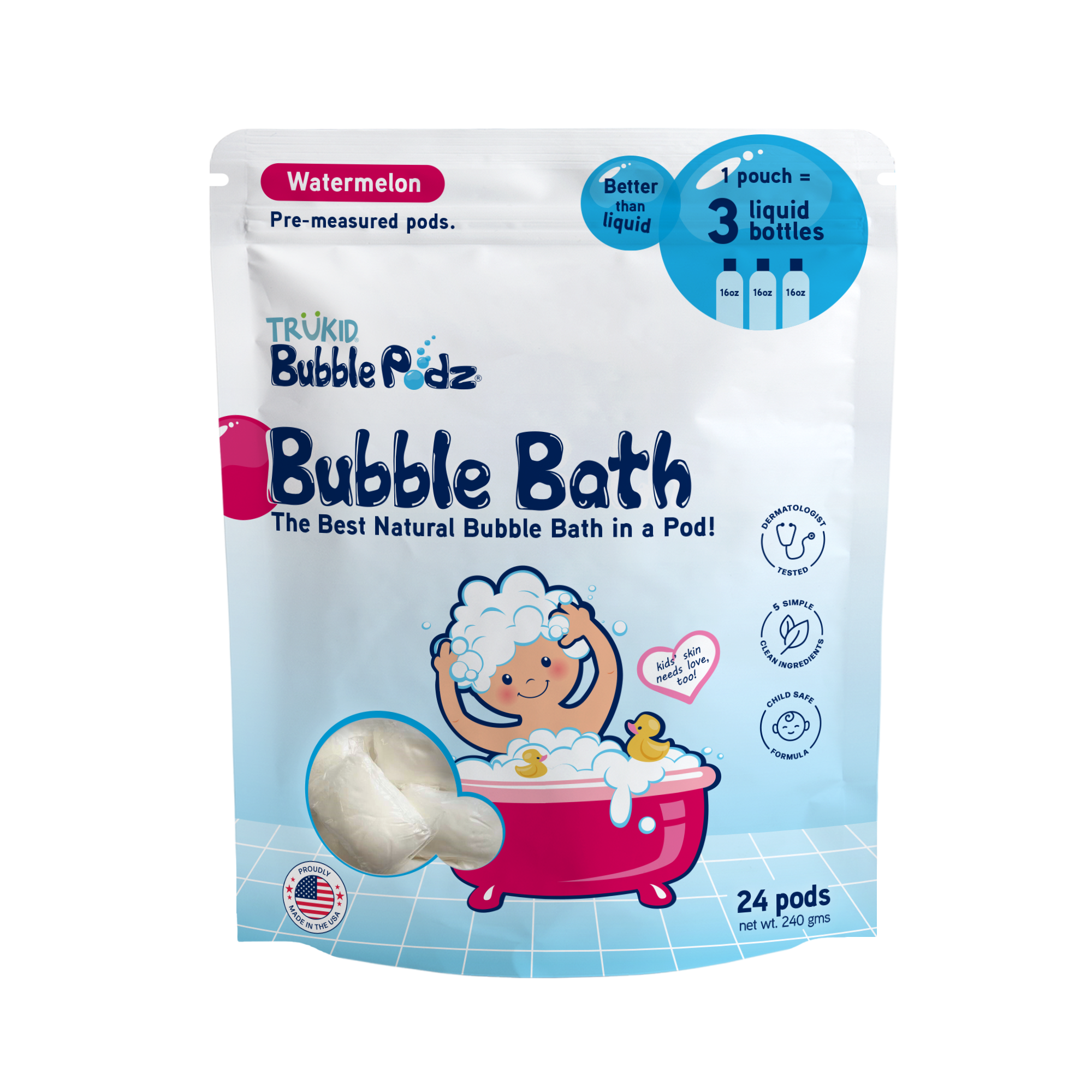 Packaging of TruKid Bubble Podz 24ct Bubble Bath, watermelon scent on a white background