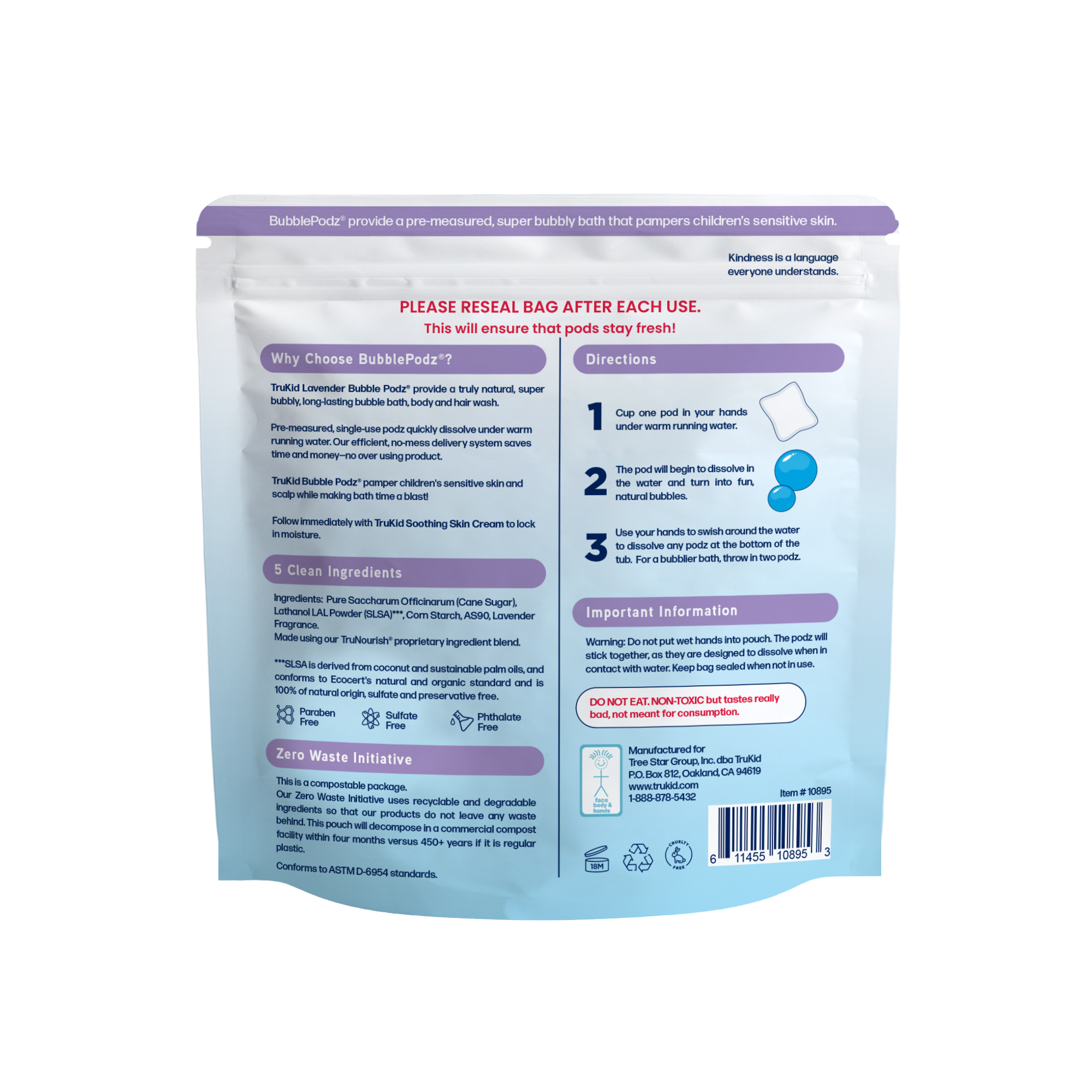 Back of a packaging of TruKid Bubble Podz Bubble Bath, lavender scent on a white background