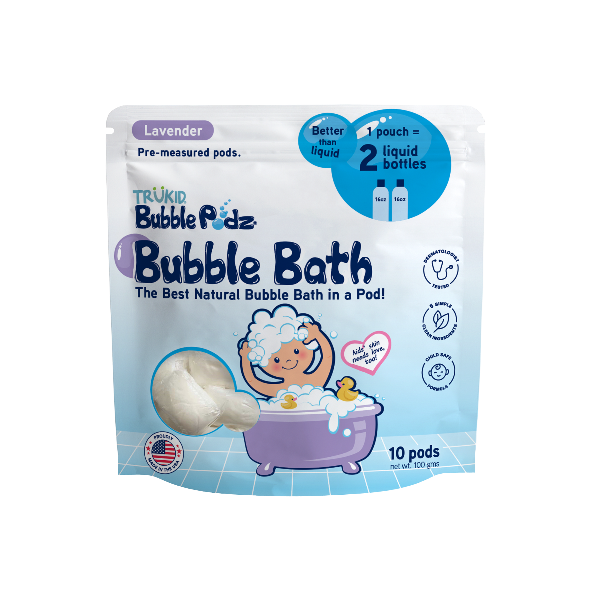 Trukid Bubble Podz Bubble Bath packaging with a cartoon child in a bathtub on a clear background