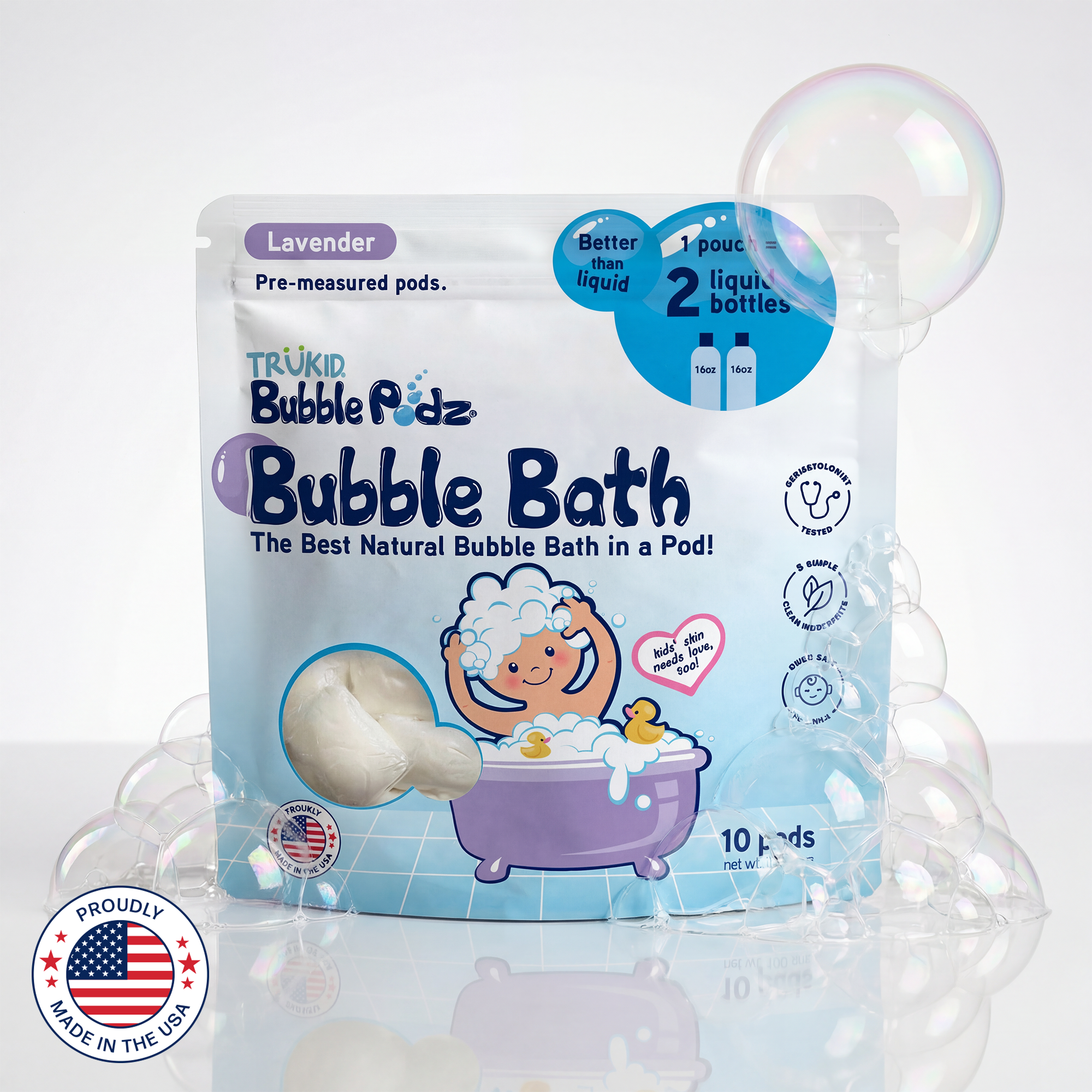 Trukid Bubble Podz Bubble Bath Lavender scent packaging with bubbles and a child in a bathtub illustration.