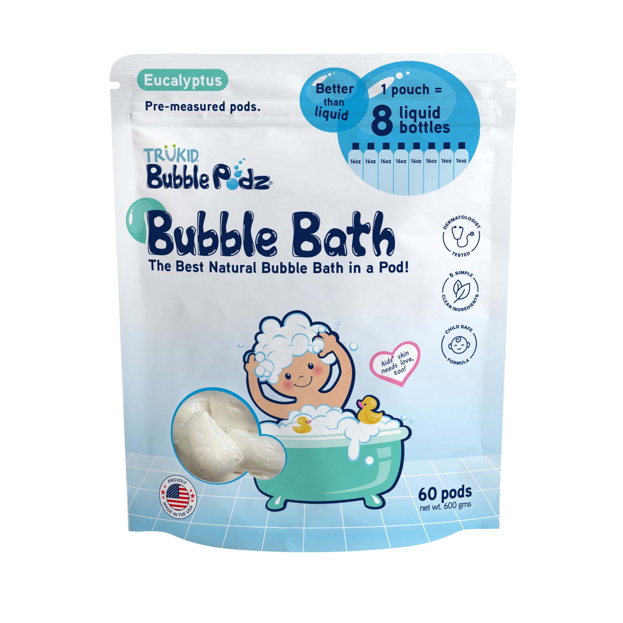 Packaging of TruKid Bubble Podz 60ct Bubble Bath, Eualyptus scent, on a white background