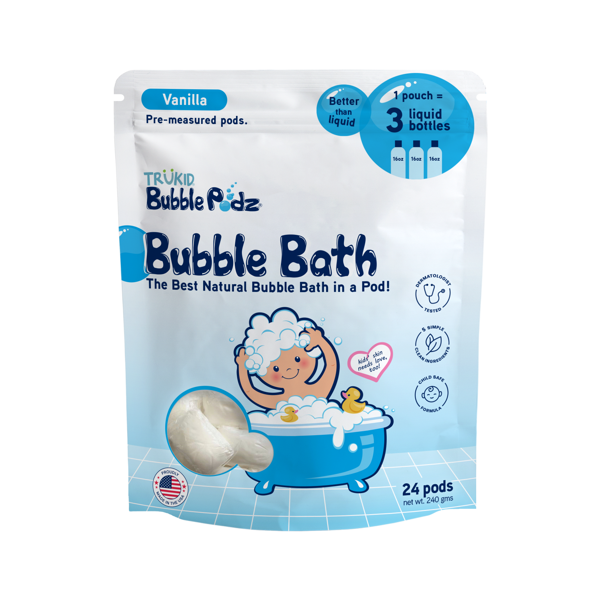 Packaging of TruKid Bubble Podz 24ct Bubble Bath, Vanilla scent, on a white background
