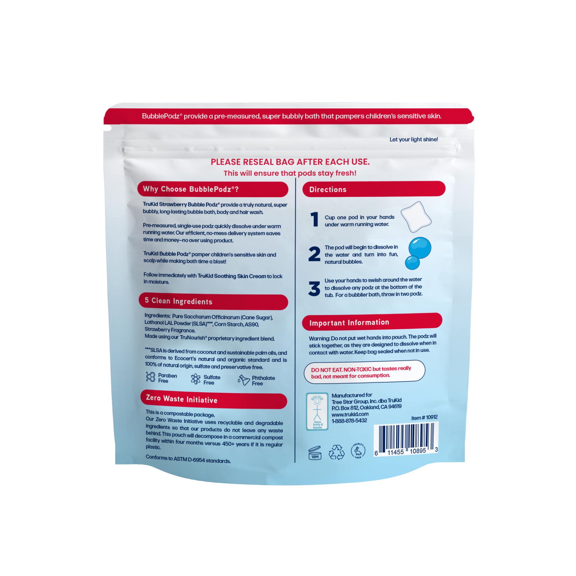 Back of a packaging of TruKid Bubble Podz Bubble Bath, strawberry scent on a white background