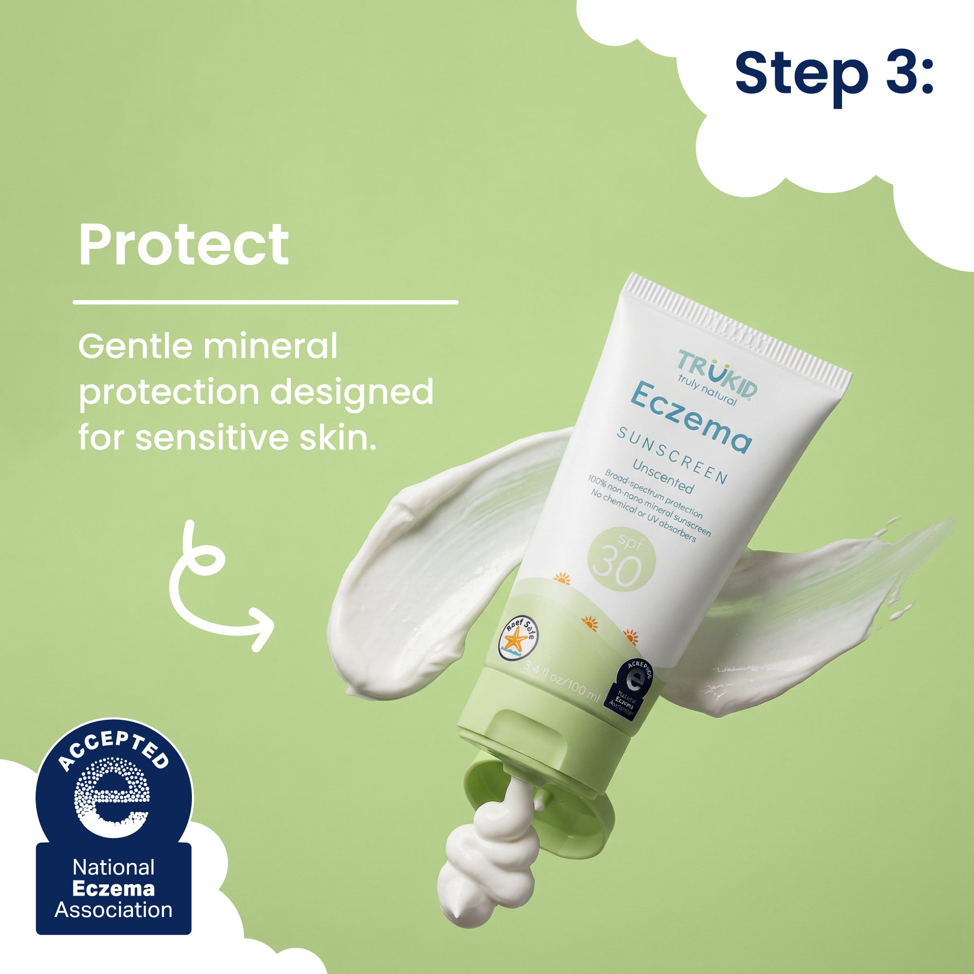 Tube of Trukid Eczema sunscreen with green background and text about gentle mineral protection for sensitive skin.