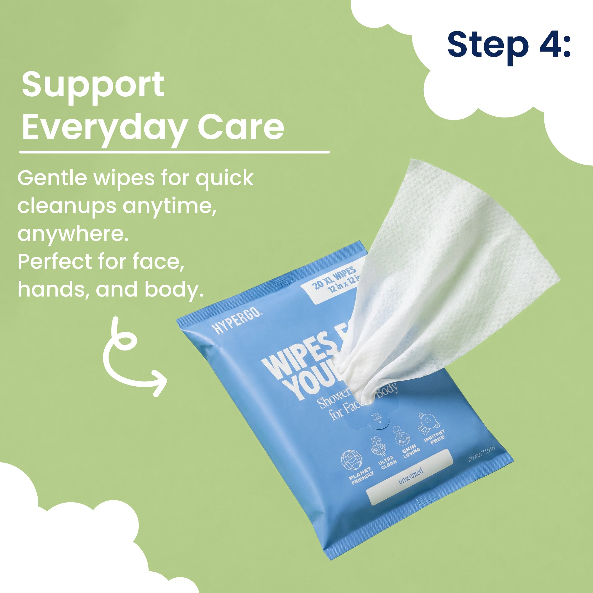 Blue packet of wipes with a white wipe being pulled out, on a green background with text about everyday care.