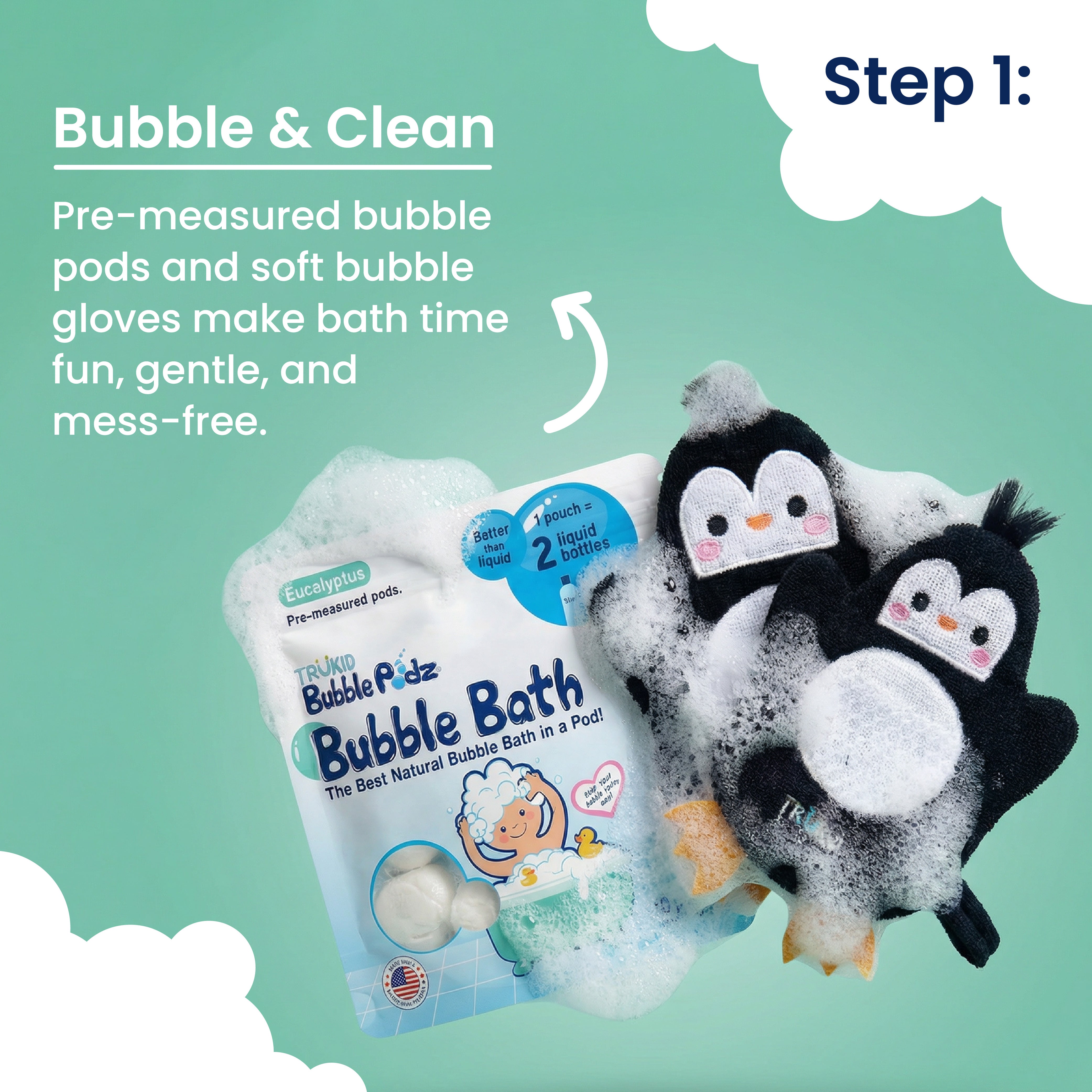 Bubble podz packaging with penguin-themed bubble gloves on a green background