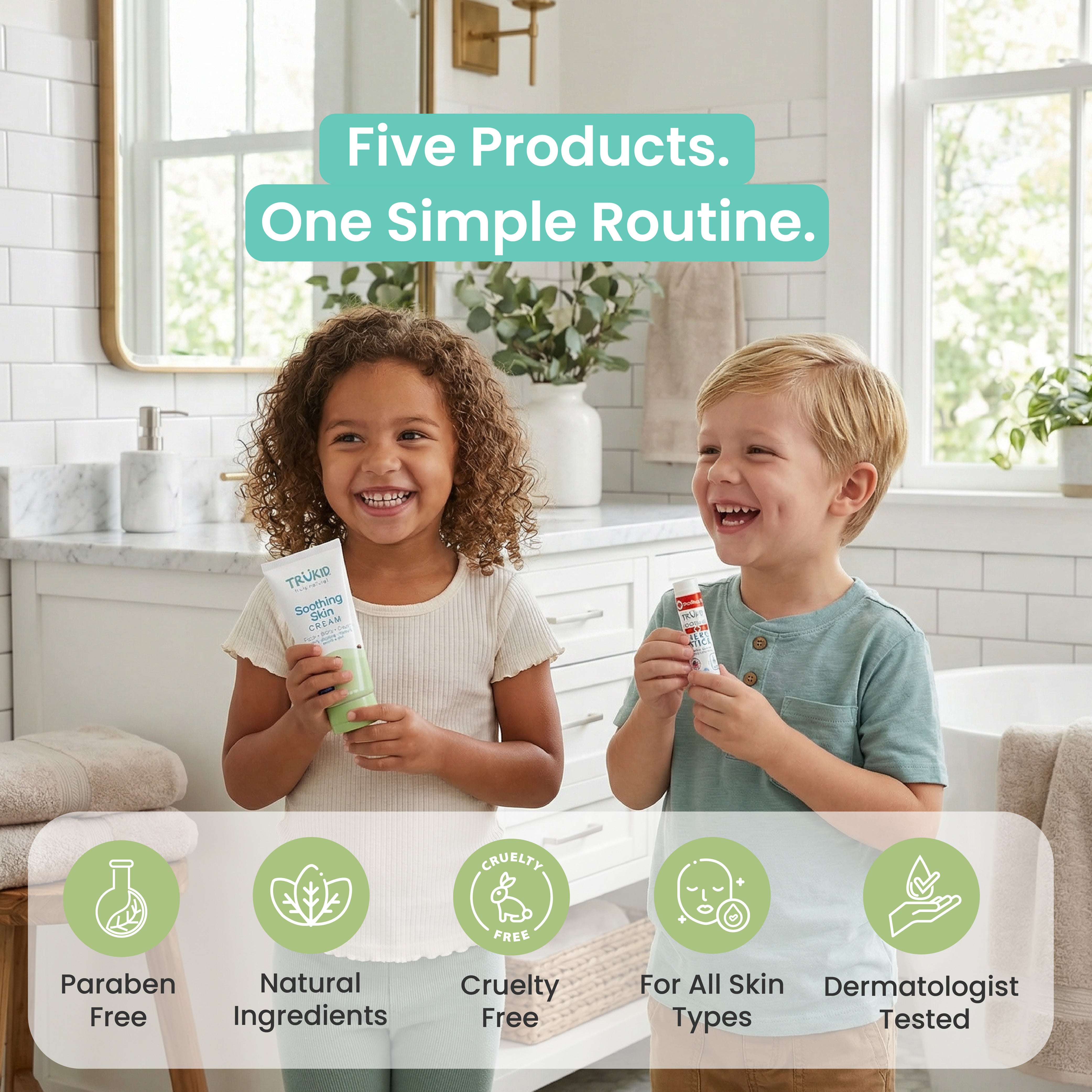 Two children holding skincare products in a bathroom setting with text about product features.
